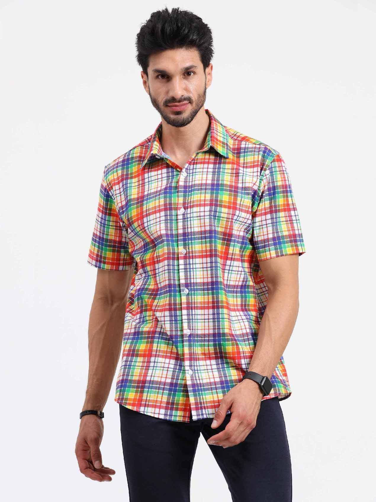 Orange Printed Checks Half Sleeve Shirt - Guniaa Fashions