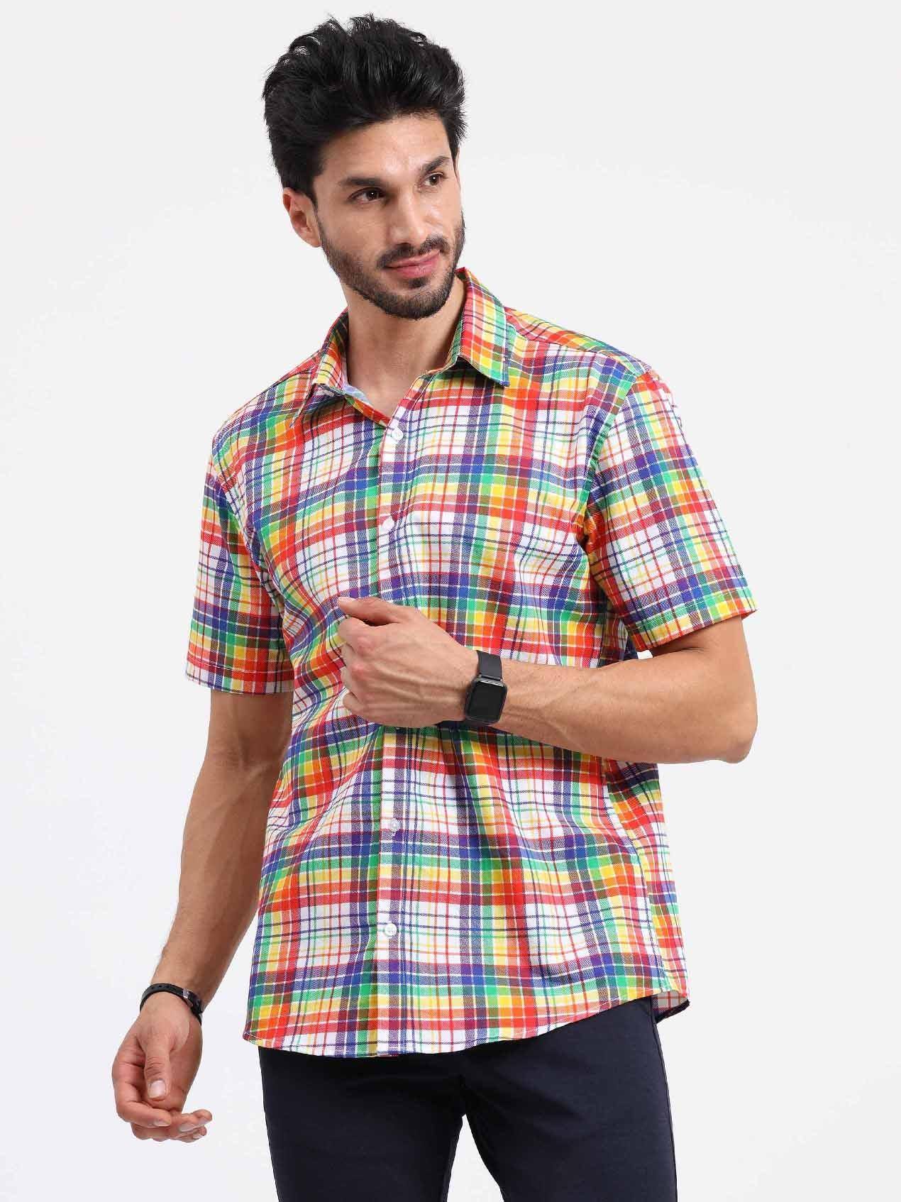 Orange Printed Checks Half Sleeve Shirt - Guniaa Fashions