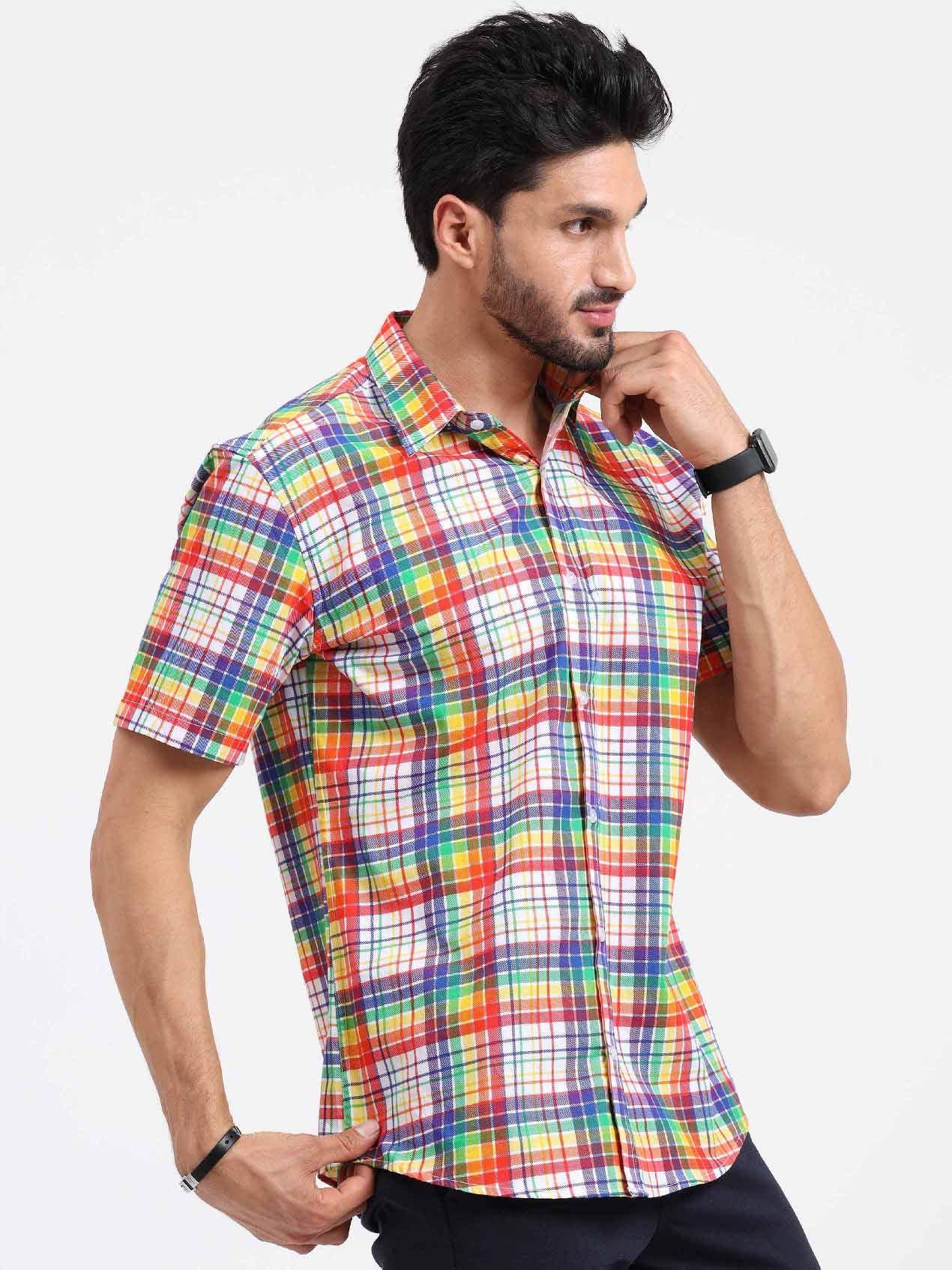 Orange Printed Checks Half Sleeve Shirt - Guniaa Fashions