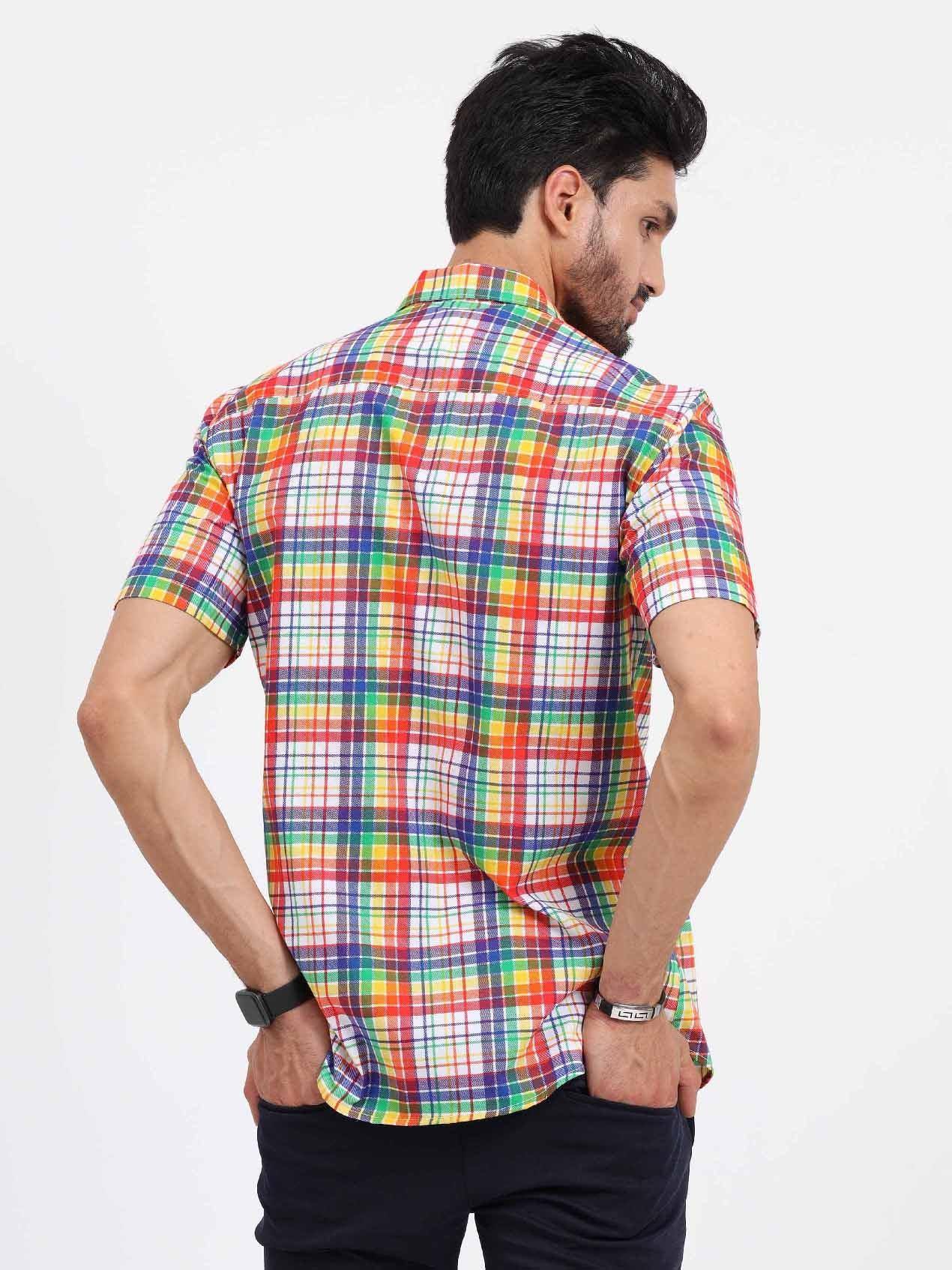 Orange Printed Checks Half Sleeve Shirt - Guniaa Fashions