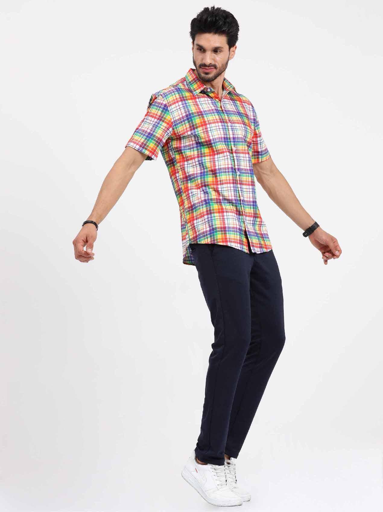 Orange Printed Checks Half Sleeve Shirt - Guniaa Fashions