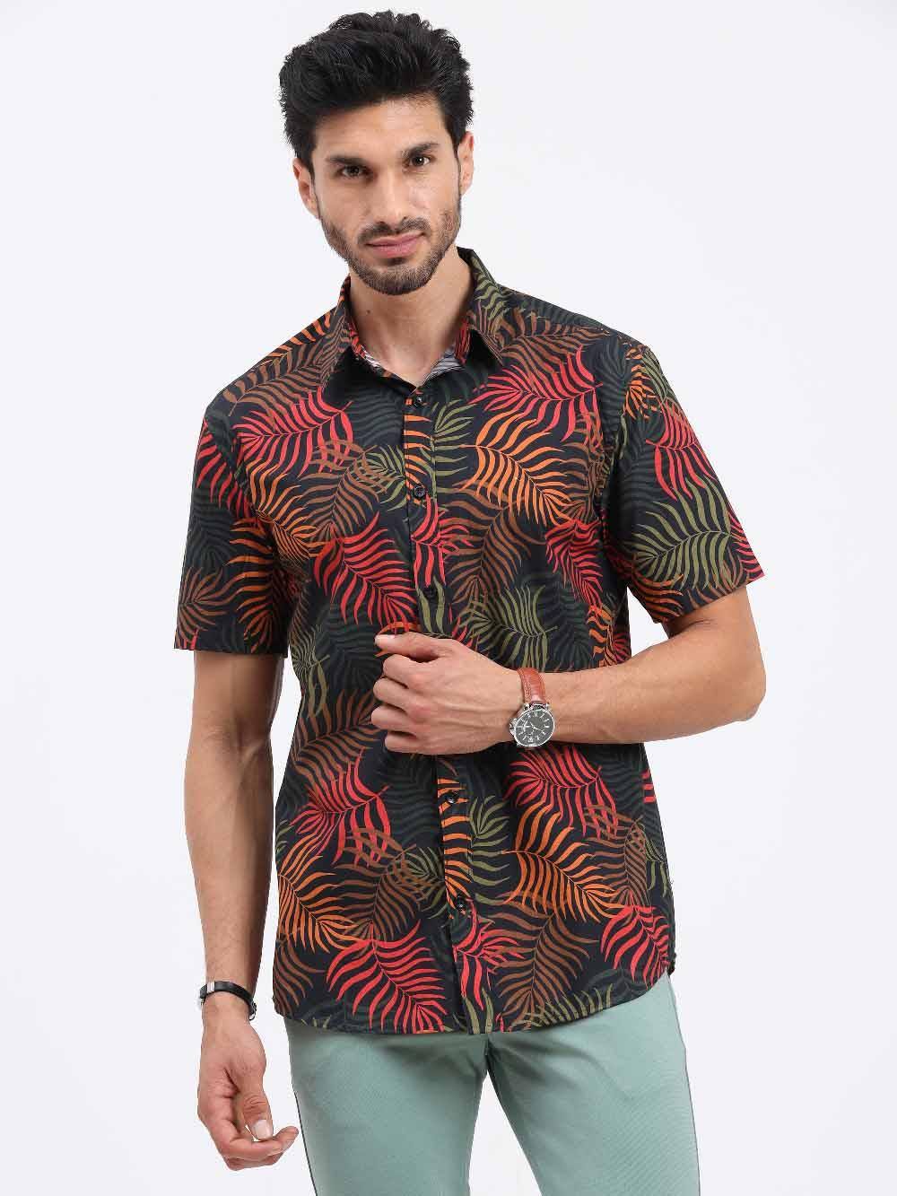 Palm Leaves Printed Cotton Half Sleeve Shirt - Guniaa Fashions