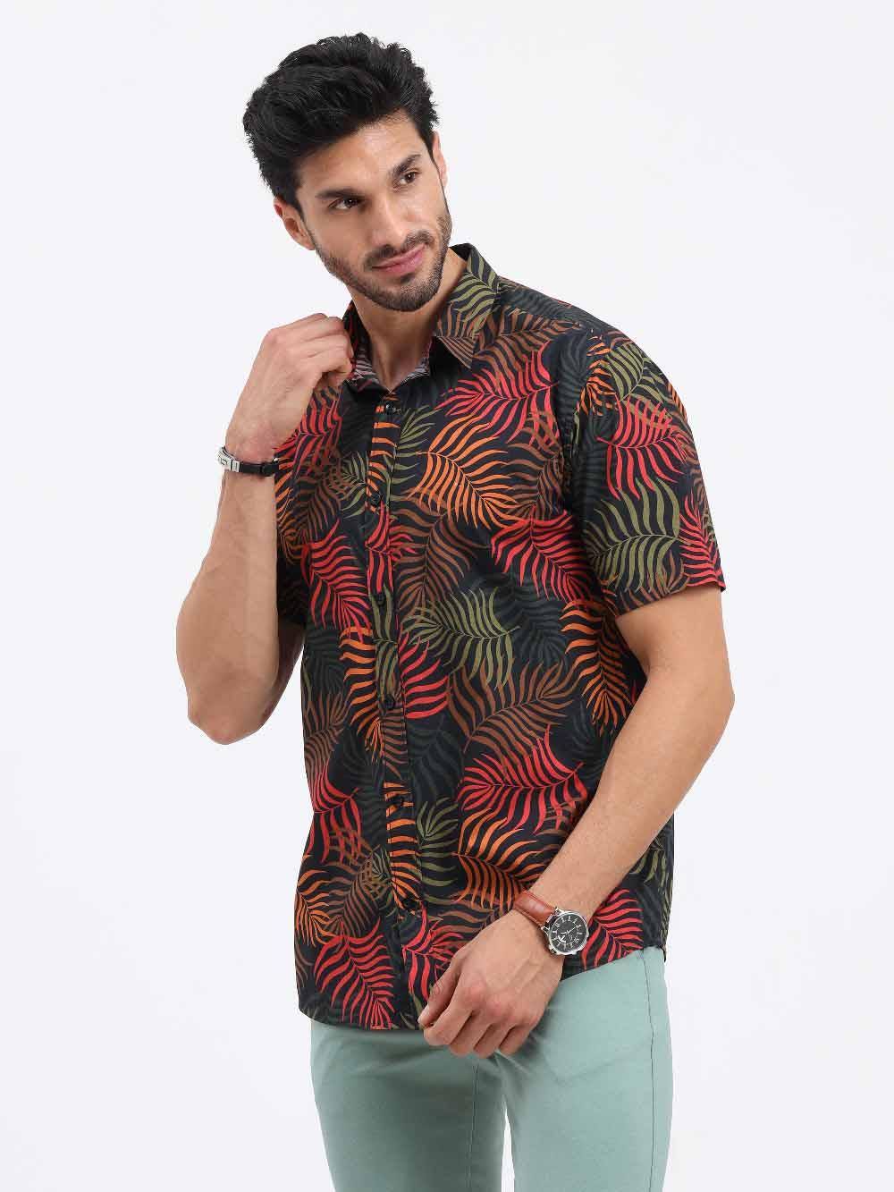 Palm Leaves Printed Cotton Half Sleeve Shirt - Guniaa Fashions