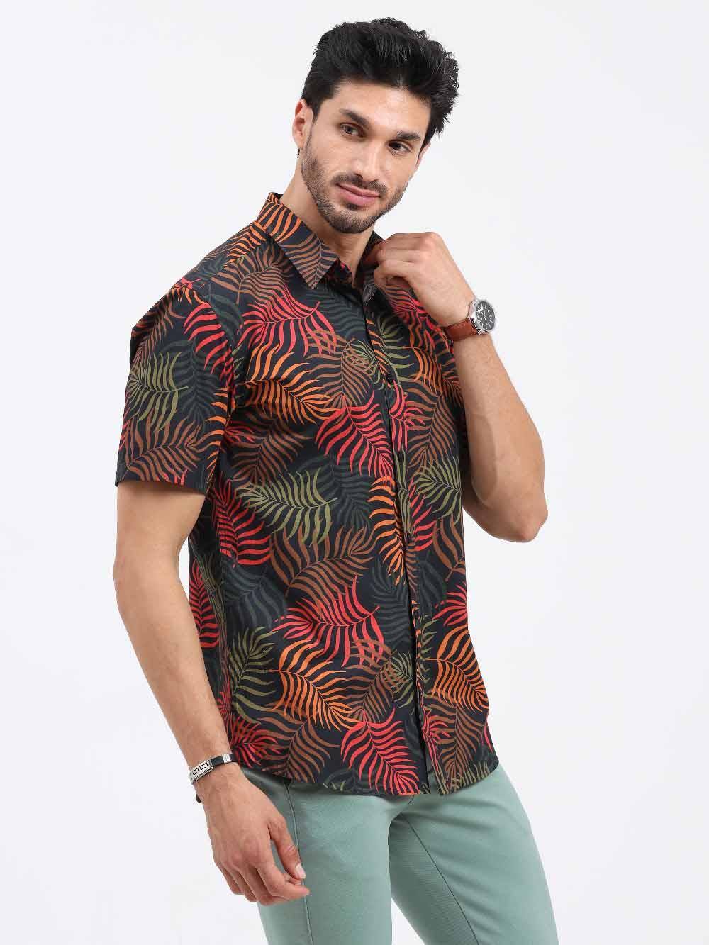 Palm Leaves Printed Cotton Half Sleeve Shirt - Guniaa Fashions