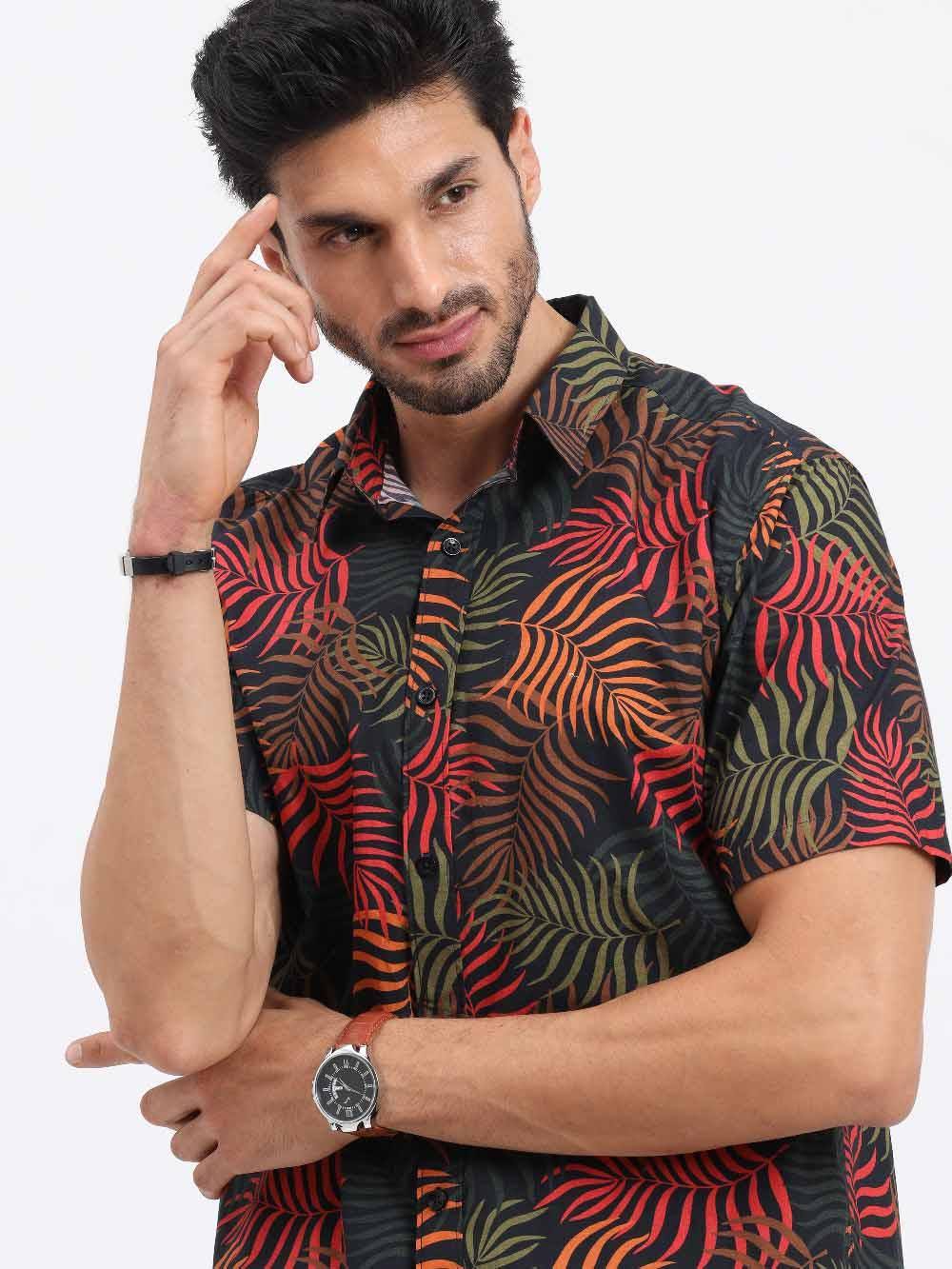 Palm Leaves Printed Cotton Half Sleeve Shirt - Guniaa Fashions