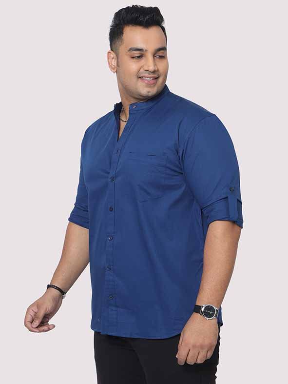 Peacock Blue Mandarin Collar Men's Plus Size Cotton Full Shirt - Guniaa Fashions