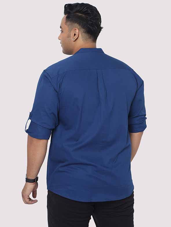 Peacock Blue Mandarin Collar Men's Plus Size Cotton Full Shirt - Guniaa Fashions