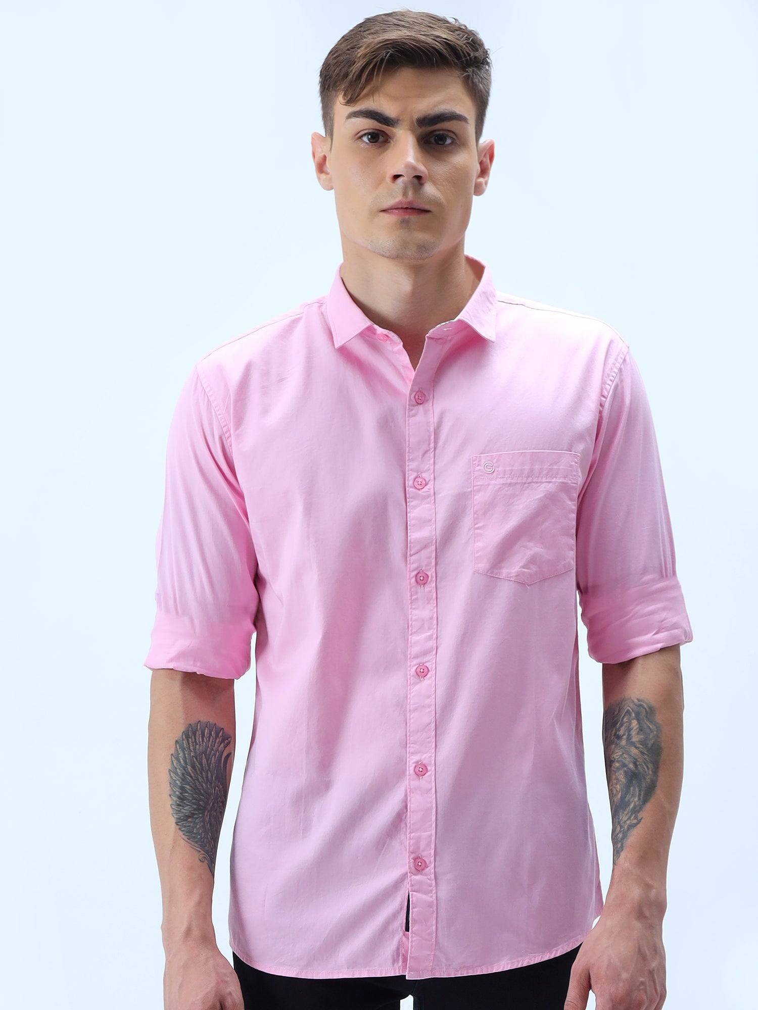 Pink Solid Cotton Full Sleeve Shirt - Guniaa Fashions