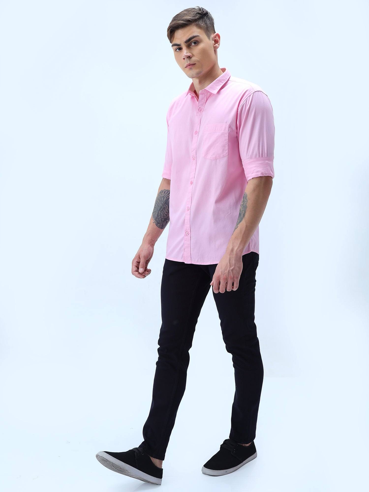 Pink Solid Cotton Full Sleeve Shirt - Guniaa Fashions