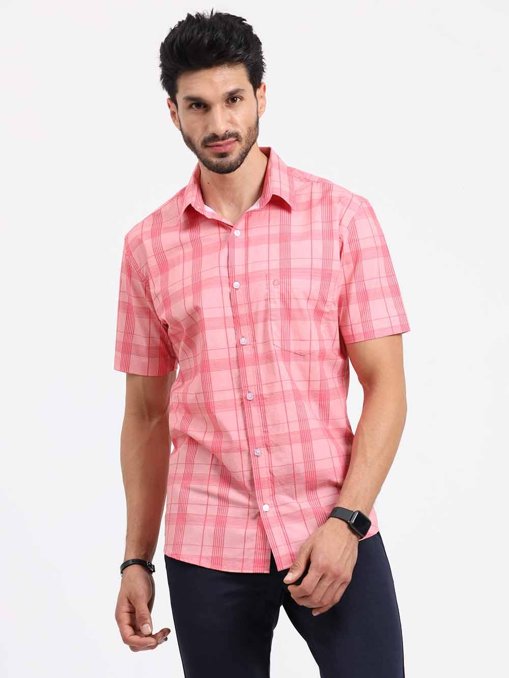 Pink Stripe Checks Half Sleeve Shirt - Guniaa Fashions