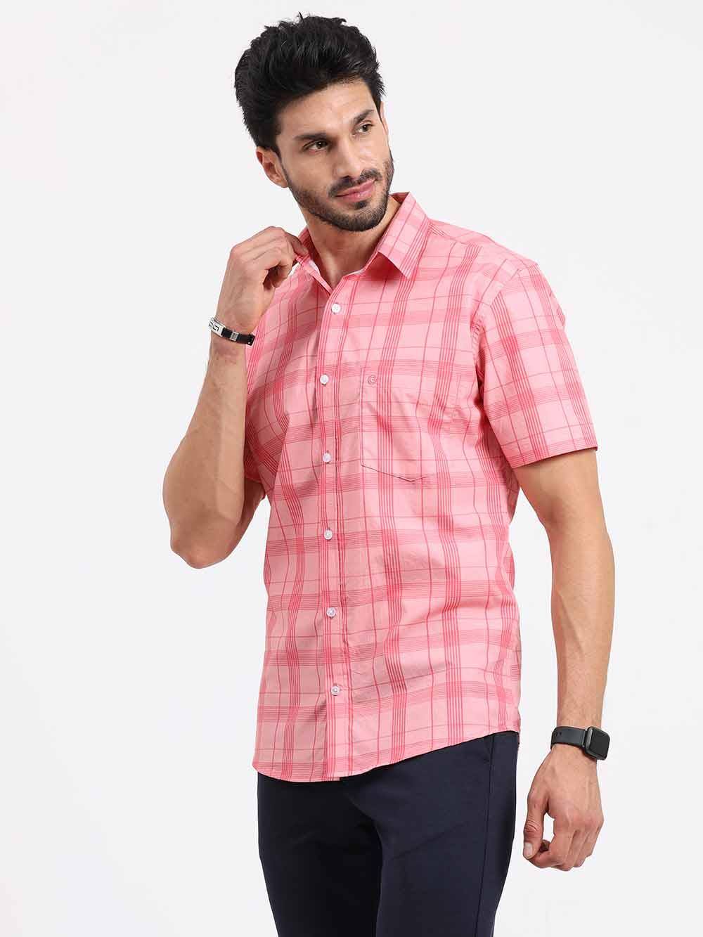 Pink Stripe Checks Half Sleeve Shirt - Guniaa Fashions