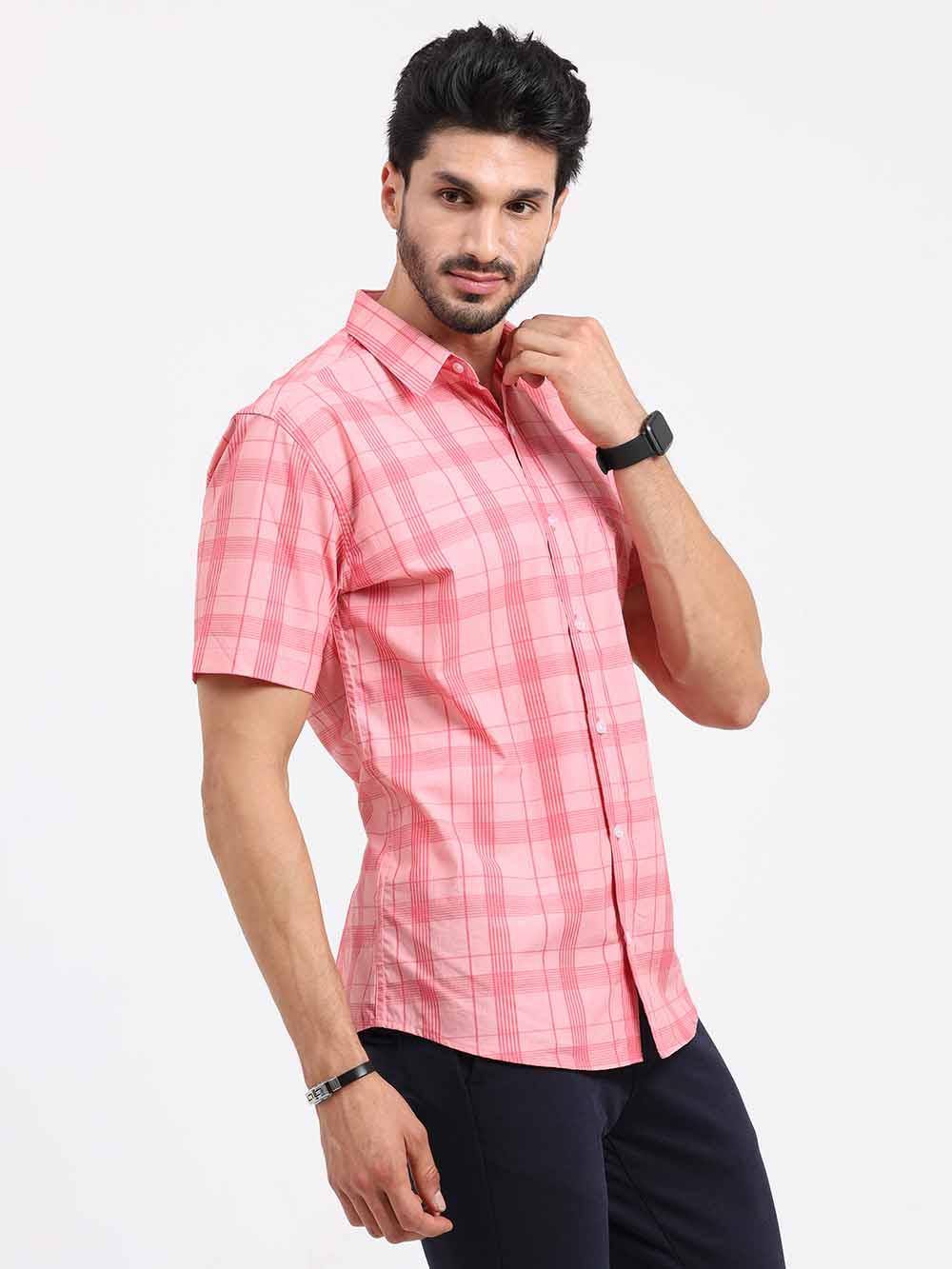 Pink Stripe Checks Half Sleeve Shirt - Guniaa Fashions