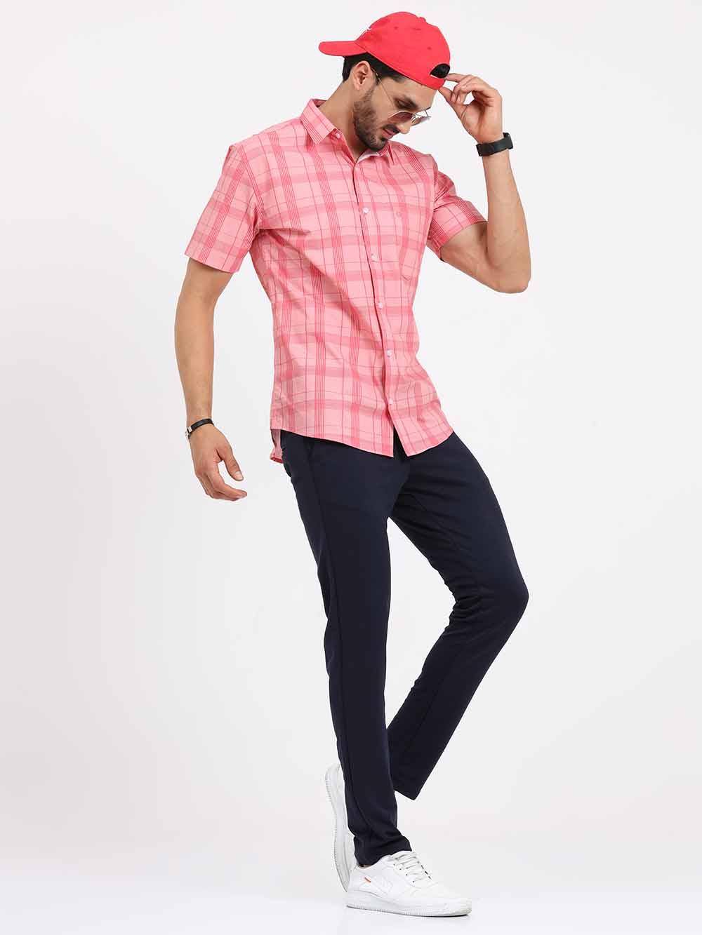 Pink Stripe Checks Half Sleeve Shirt - Guniaa Fashions