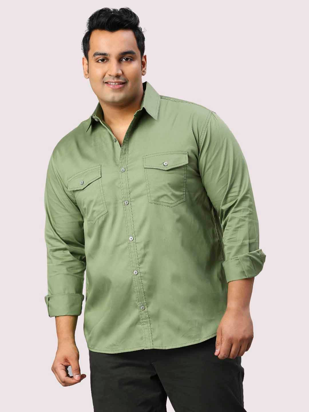 Pista Green Solid Pure Cotton Double Pocket Full Sleeve Shirt Men's Plus Size - Guniaa Fashions