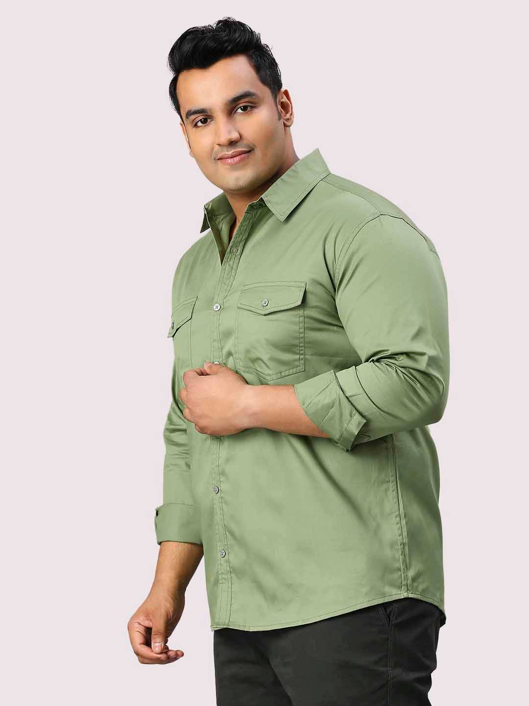 Pista Green Solid Pure Cotton Double Pocket Full Sleeve Shirt Men's Plus Size - Guniaa Fashions