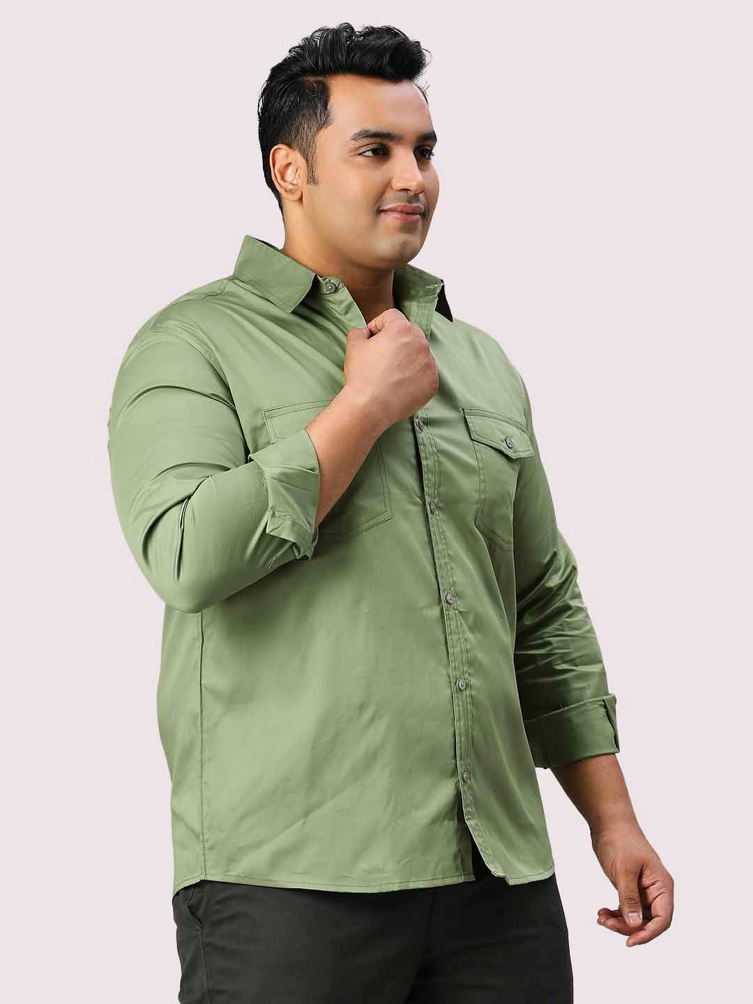 Pista Green Solid Pure Cotton Double Pocket Full Sleeve Shirt Men's Plus Size - Guniaa Fashions