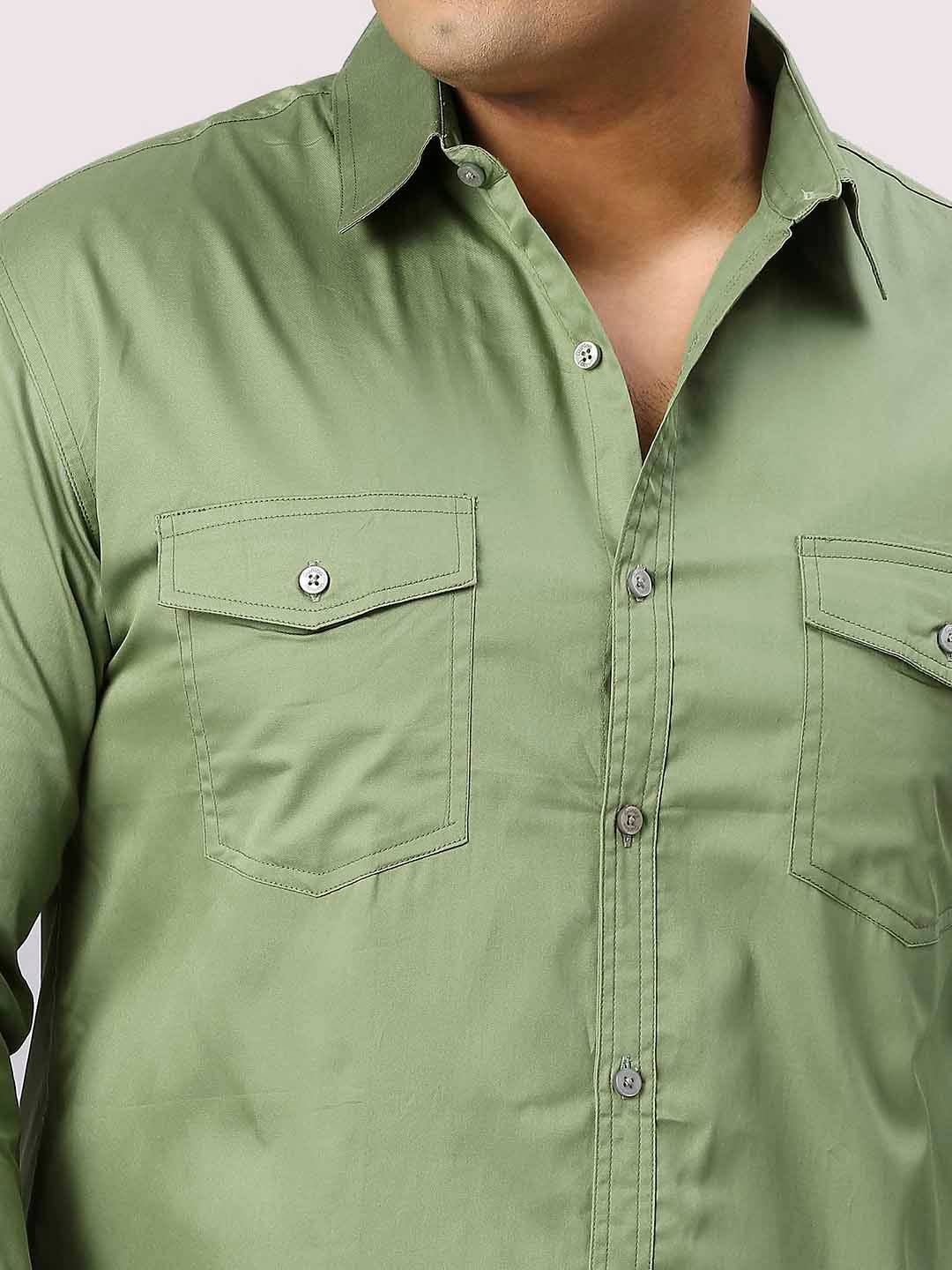 Pista Green Solid Pure Cotton Double Pocket Full Sleeve Shirt Men's Plus Size - Guniaa Fashions
