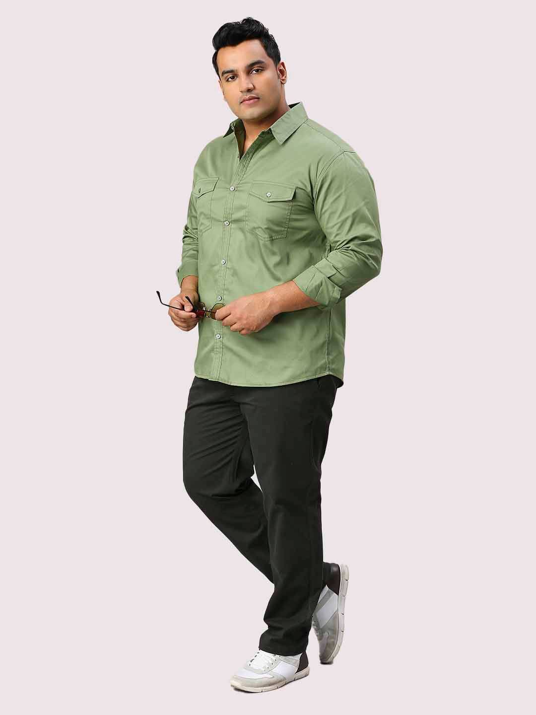 Pista Green Solid Pure Cotton Double Pocket Full Sleeve Shirt Men's Plus Size - Guniaa Fashions