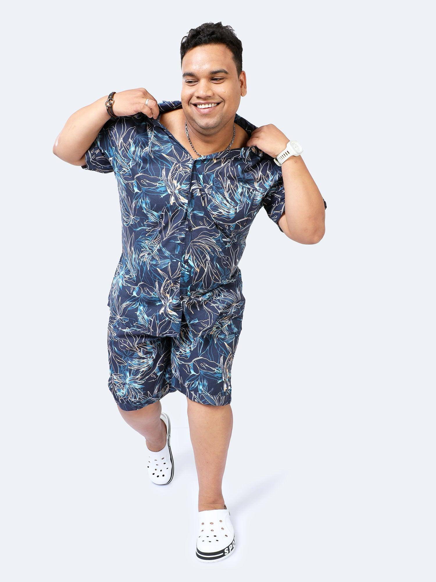 Plus Size Men Botanical Line Half Sleeve Co-Ords - Guniaa Fashions