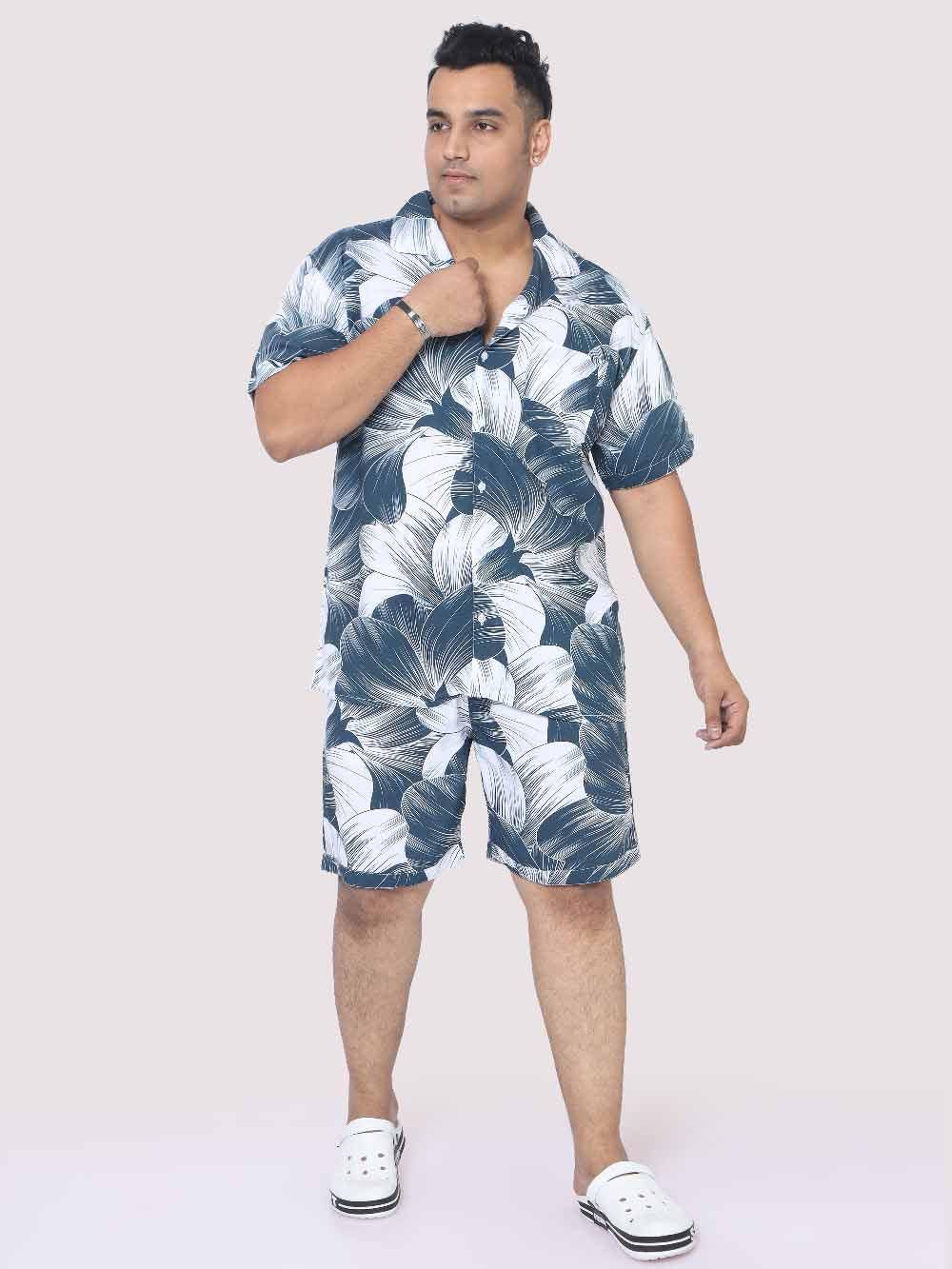 Plus Size Men Grey Big Flower Digital Printed Half Co-Ords - Guniaa Fashions