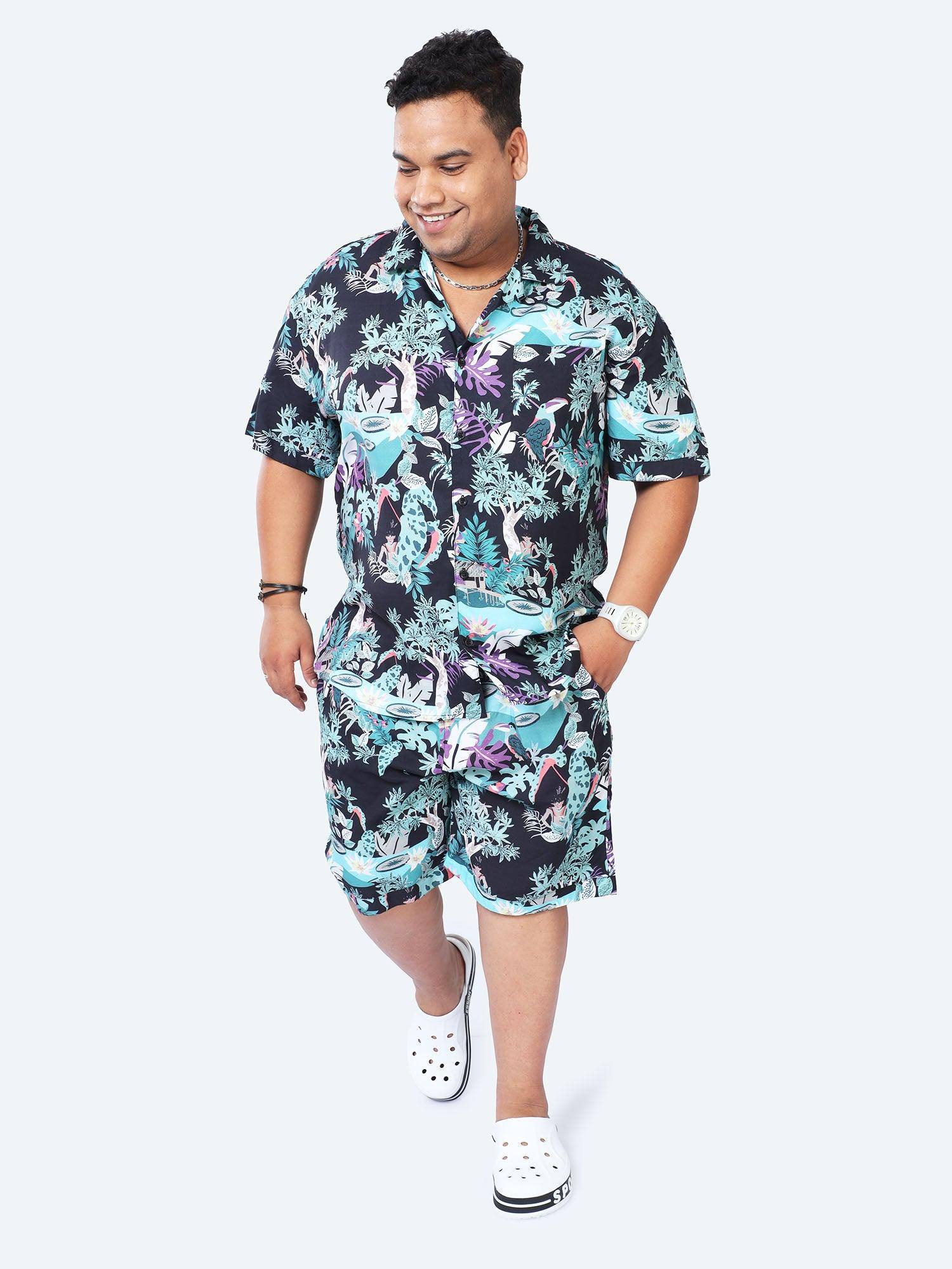 Plus Size Men Jungle Paradise Printed Half Sleeve Co-Ords - Guniaa Fashions