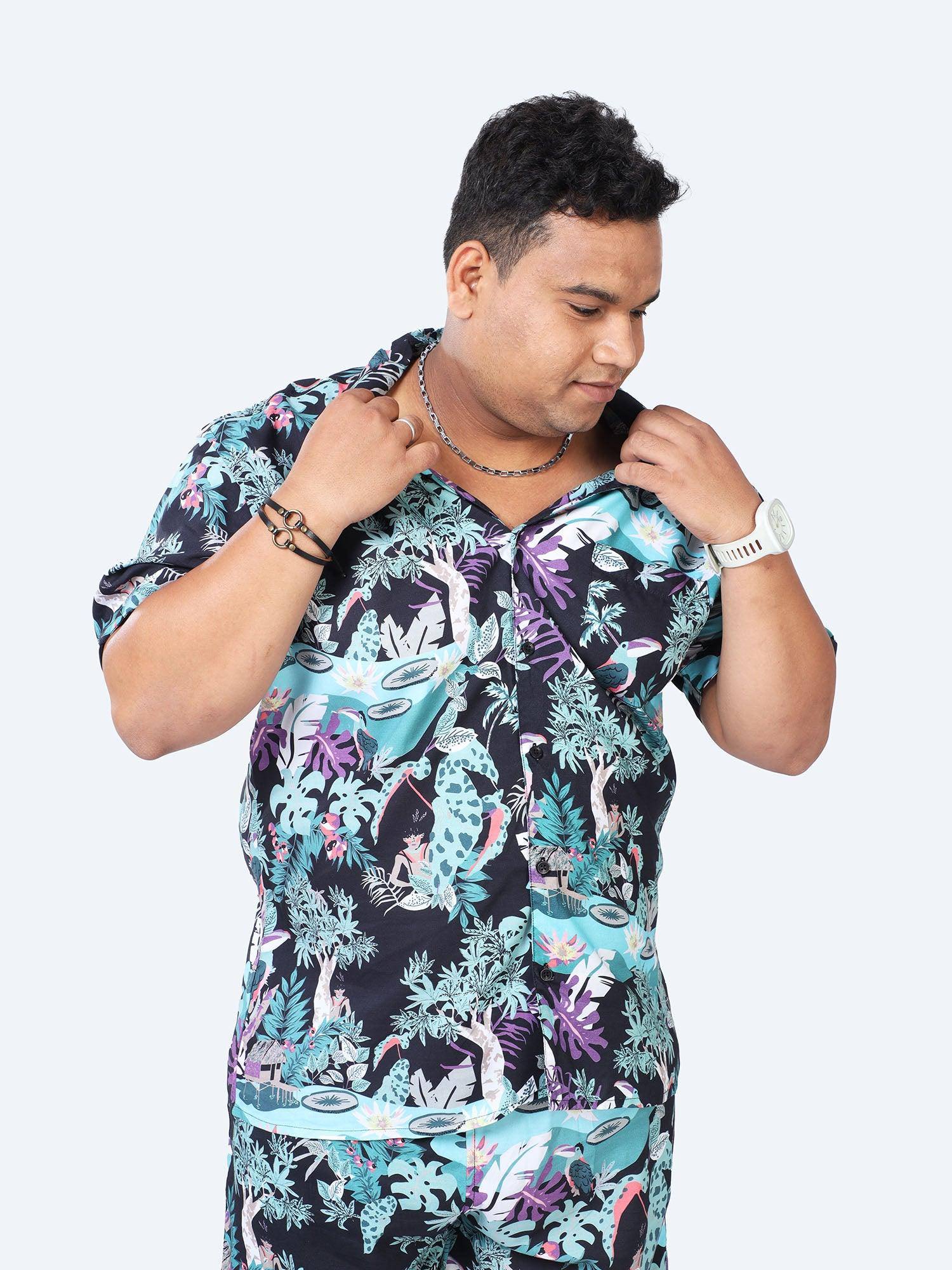 Plus Size Men Jungle Paradise Printed Half Sleeve Co-Ords - Guniaa Fashions