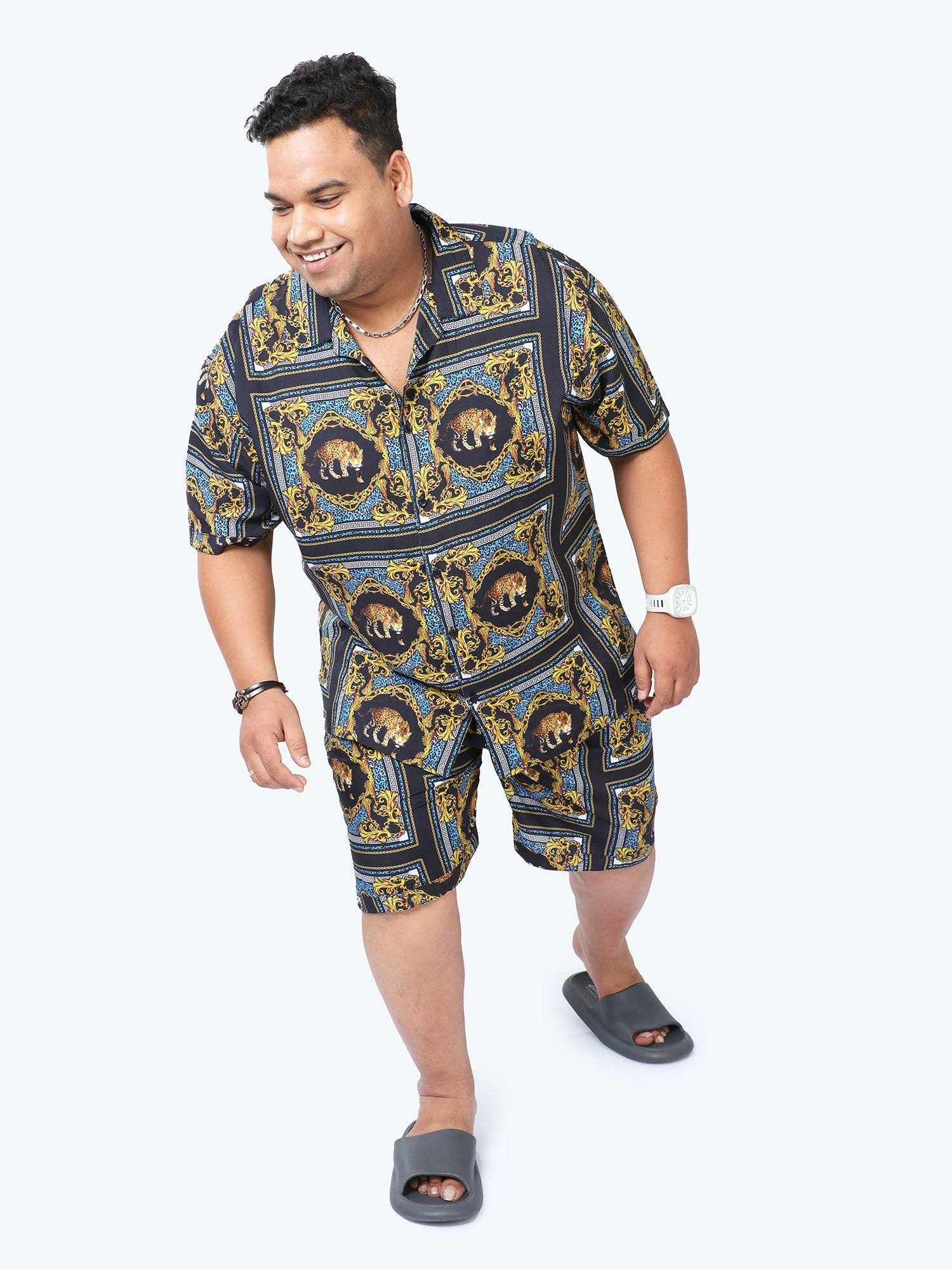 Plus Size Men Leopard Placement Printed Half Sleeve Co-Ords - Guniaa Fashions