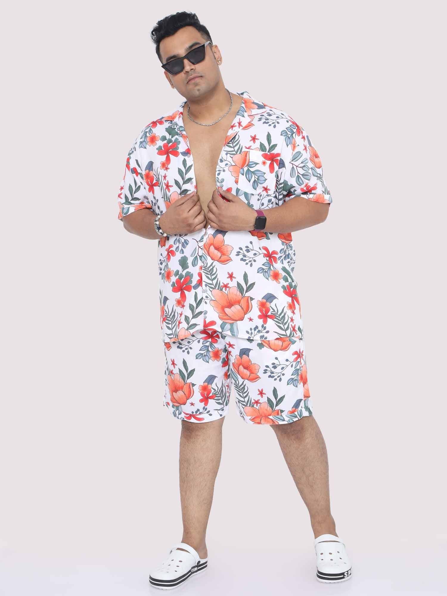 Plus Size Men Saffron Hibiscus Digital Printed Half Co-Ords - Guniaa Fashions