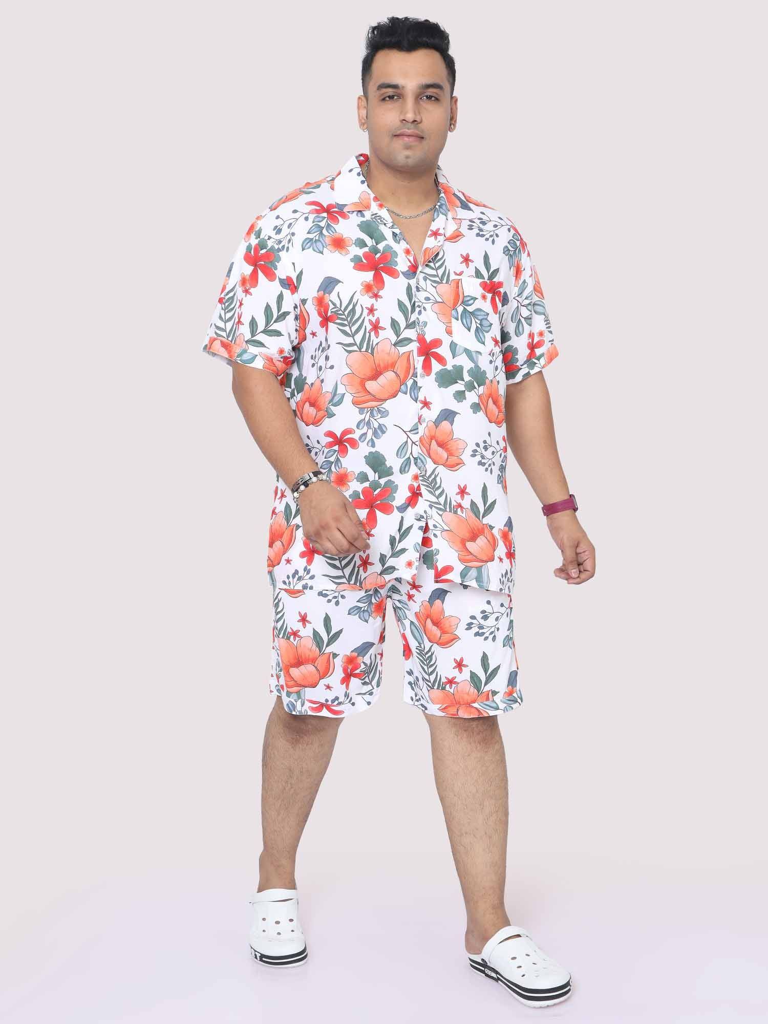 Plus Size Men Saffron Hibiscus Digital Printed Half Co-Ords - Guniaa Fashions