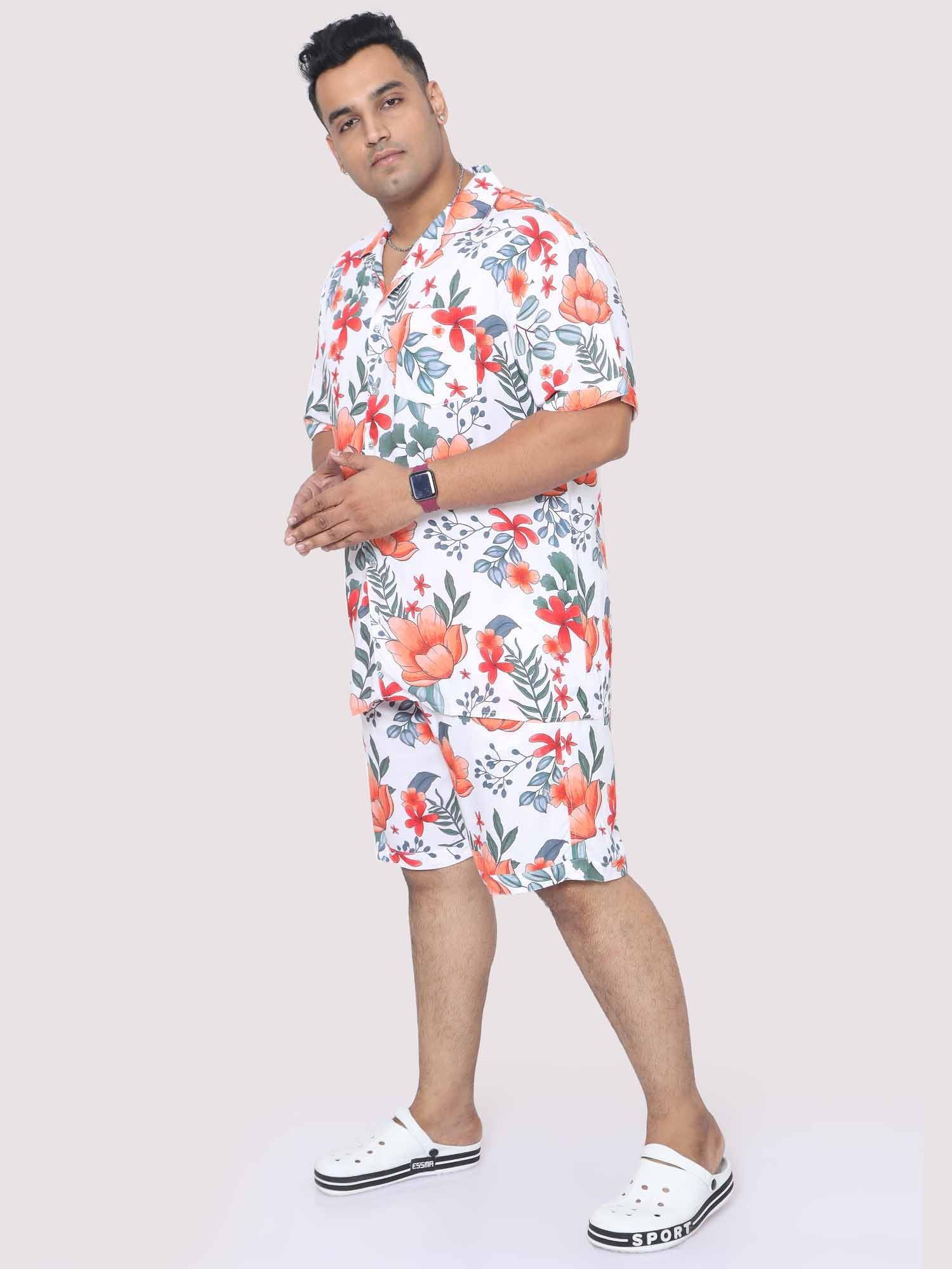 Plus Size Men Saffron Hibiscus Digital Printed Half Co-Ords - Guniaa Fashions