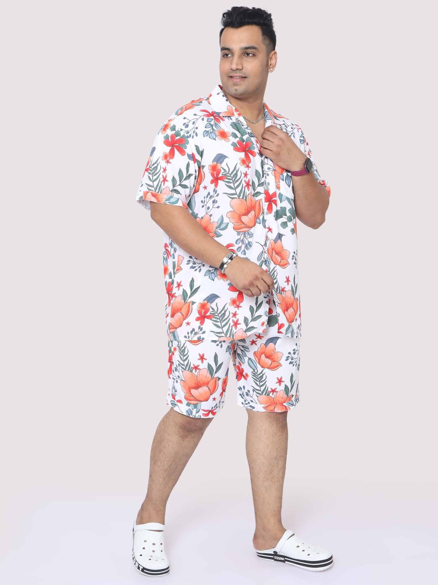 Plus Size Men Saffron Hibiscus Digital Printed Half Co-Ords - Guniaa Fashions