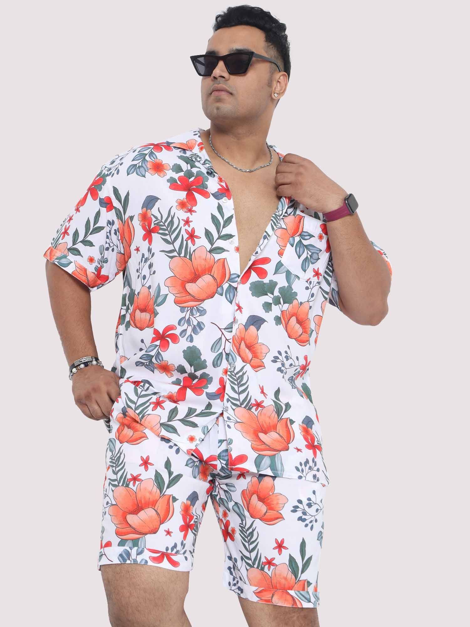 Plus Size Men Saffron Hibiscus Digital Printed Half Co-Ords - Guniaa Fashions