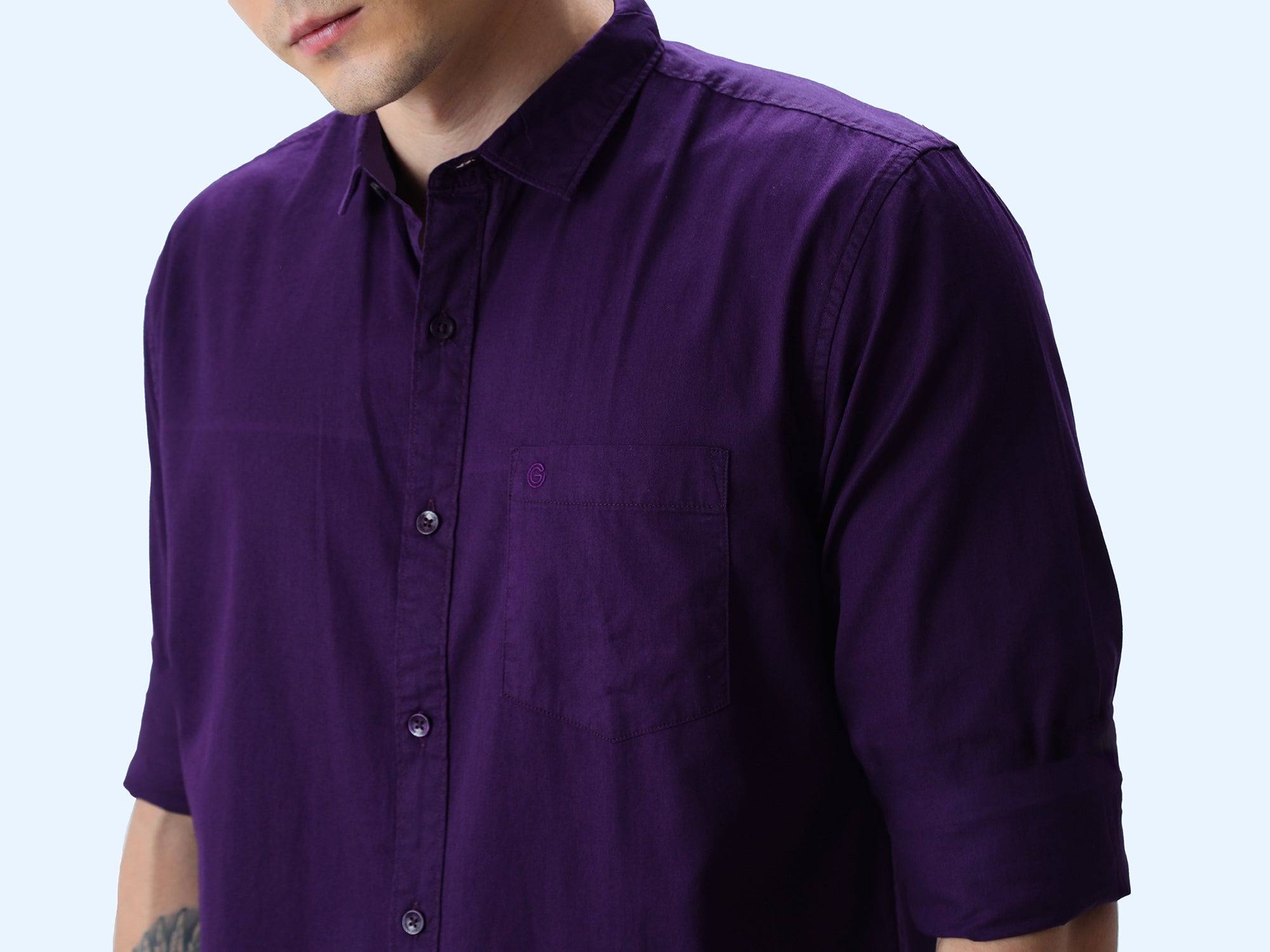 Purple Solid Cotton Full Sleeve Shirt - Guniaa Fashions