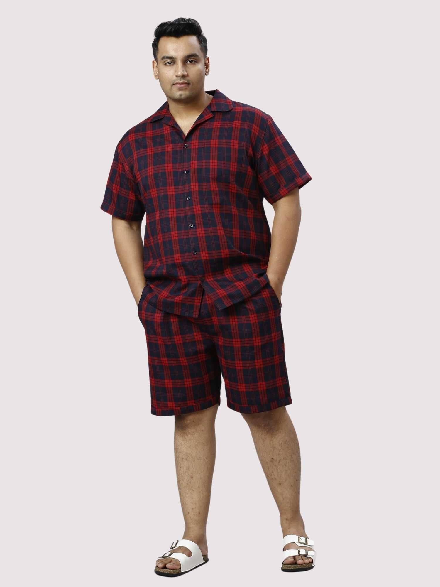 Red and Black Checks Printed Half Co-ords Set Men's Plus Size - Guniaa Fashions