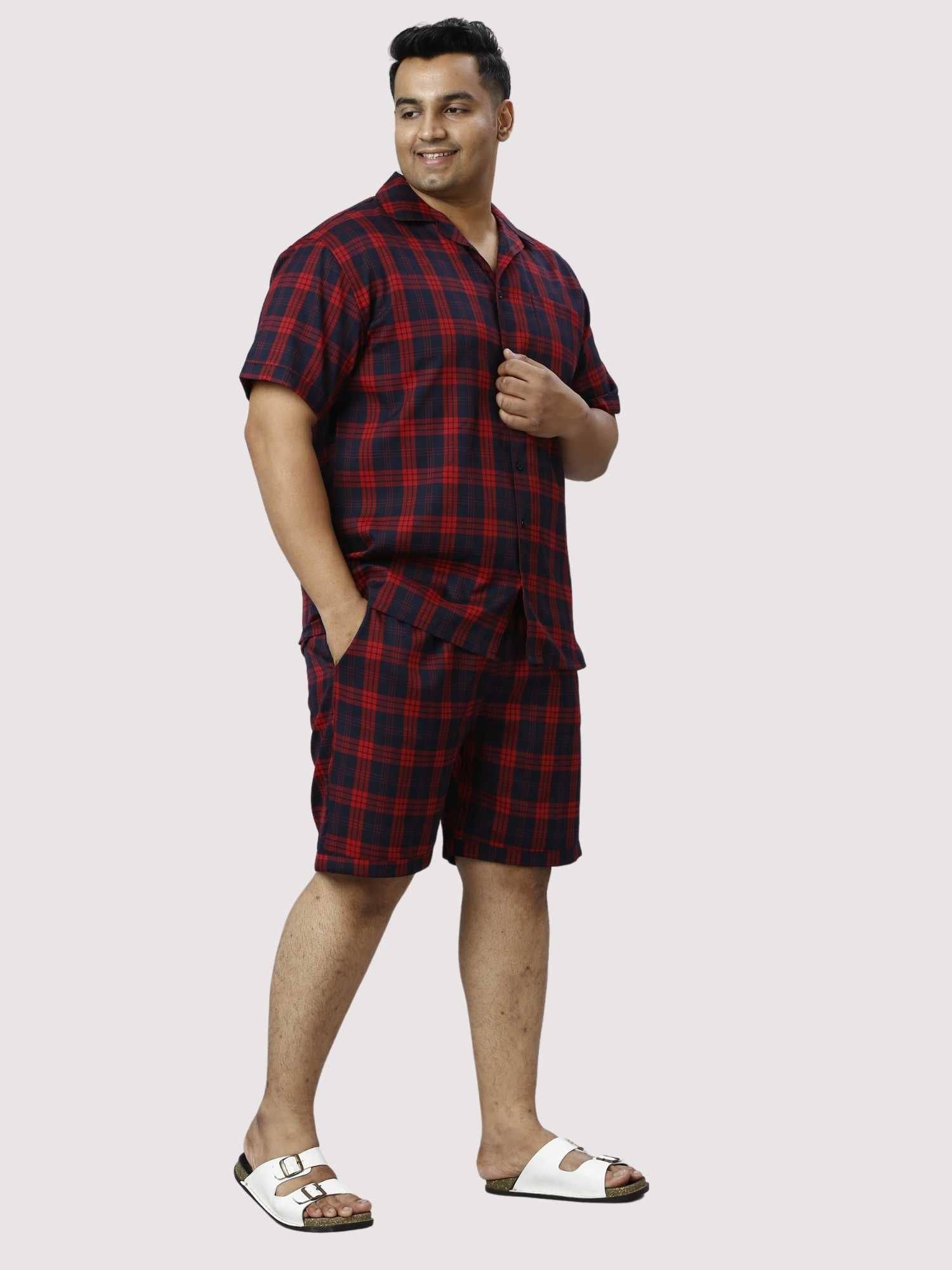 Red and Black Checks Printed Half Co-ords Set Men's Plus Size - Guniaa Fashions