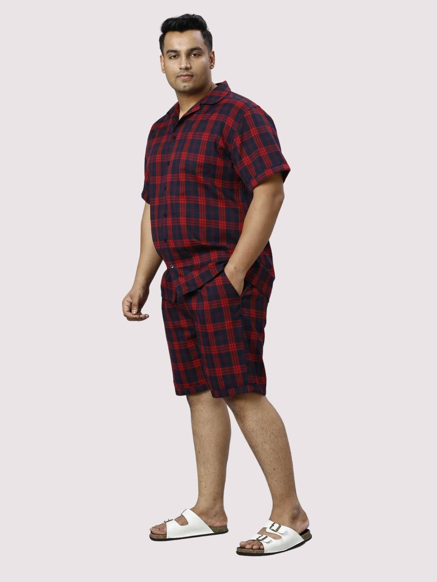 Red and Black Checks Printed Half Co-ords Set Men's Plus Size - Guniaa Fashions