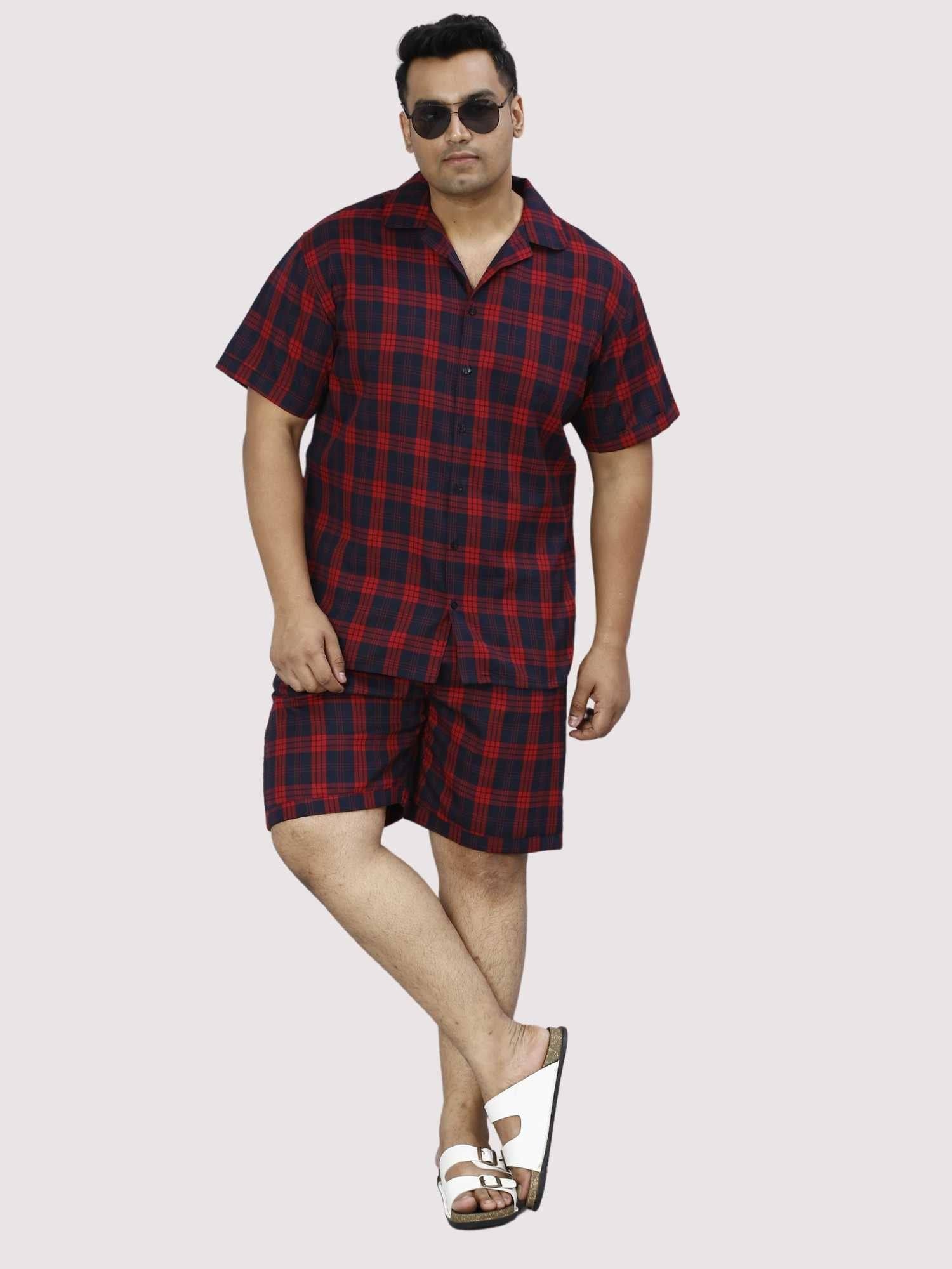 Red and Black Checks Printed Half Co-ords Set Men's Plus Size - Guniaa Fashions