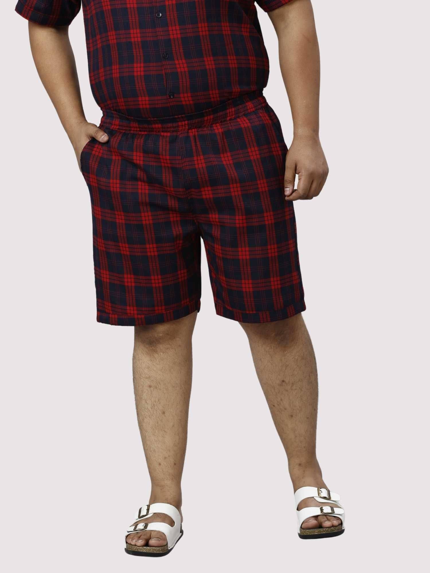 Red and Black Checks Printed Half Co-ords Set Men's Plus Size - Guniaa Fashions