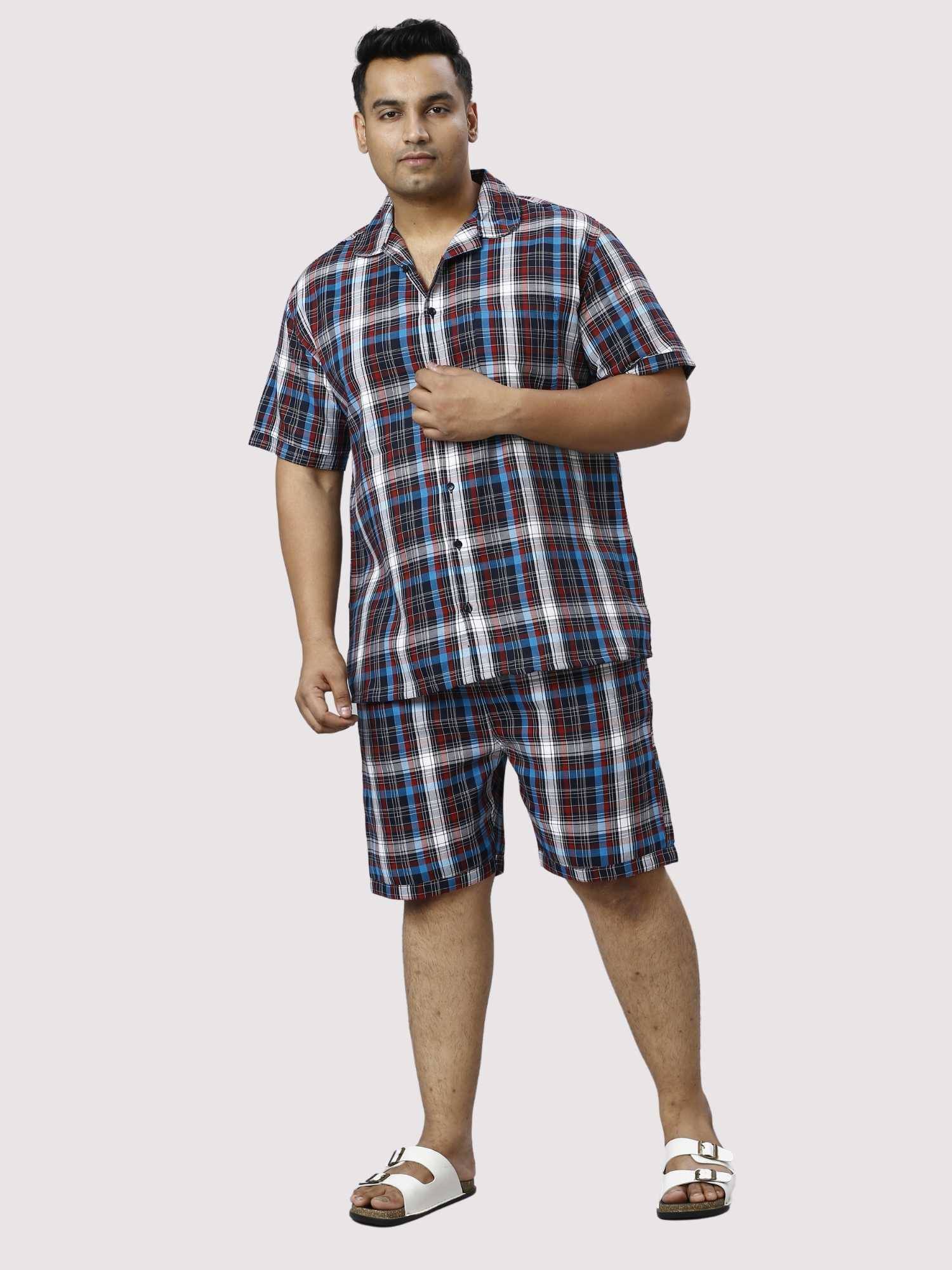 Red and Blue Checks Printed Half Co-ords Set Men's Plus Size - Guniaa Fashions