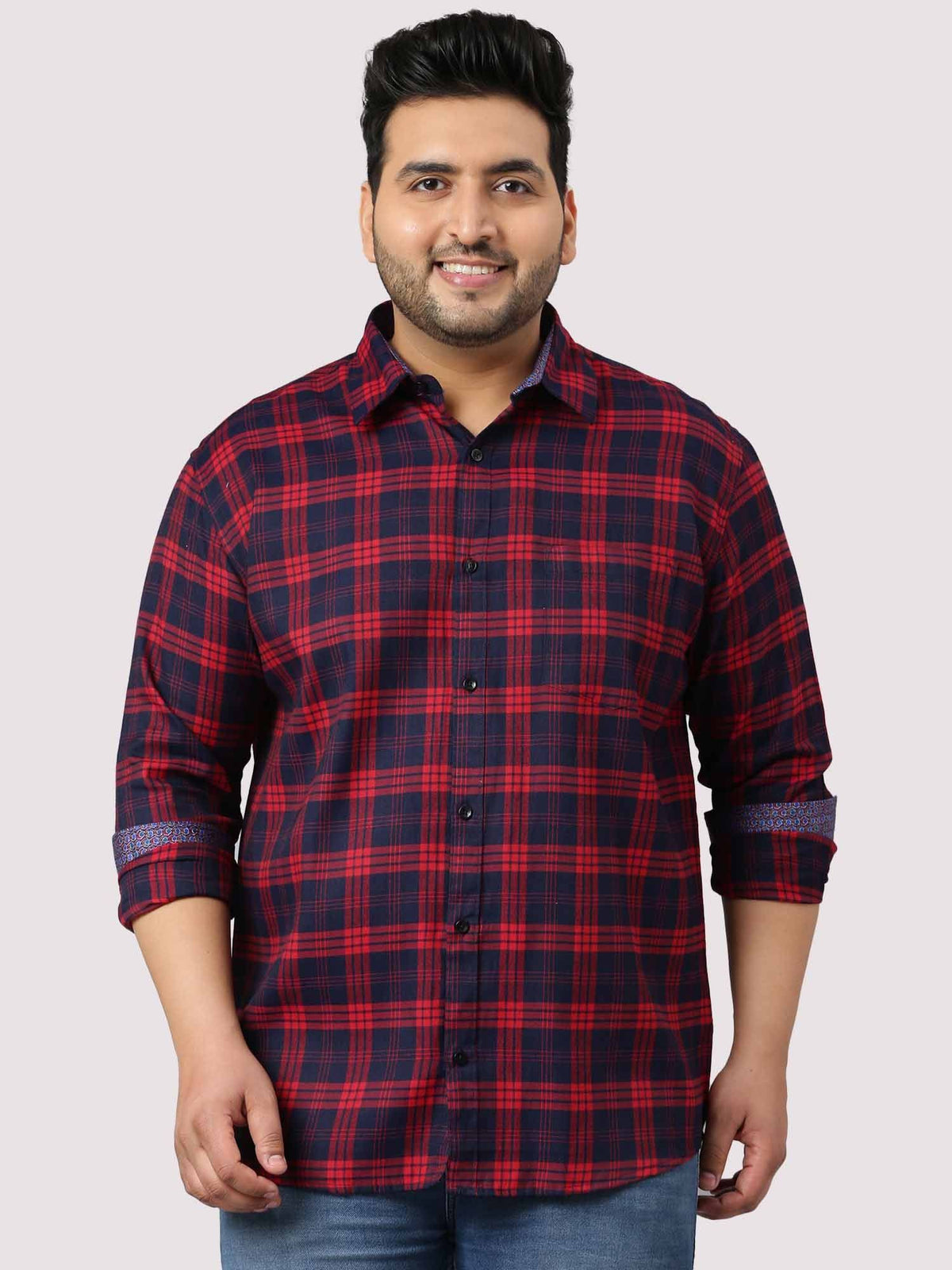 Red and Blue Indigo Cotton Check Shirt Men's Plus Size - Guniaa Fashions