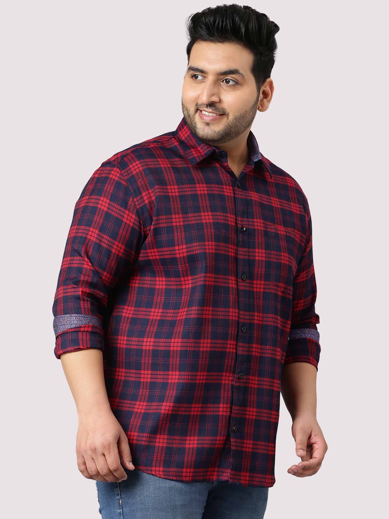 Red and Blue Indigo Cotton Check Shirt Men's Plus Size - Guniaa Fashions