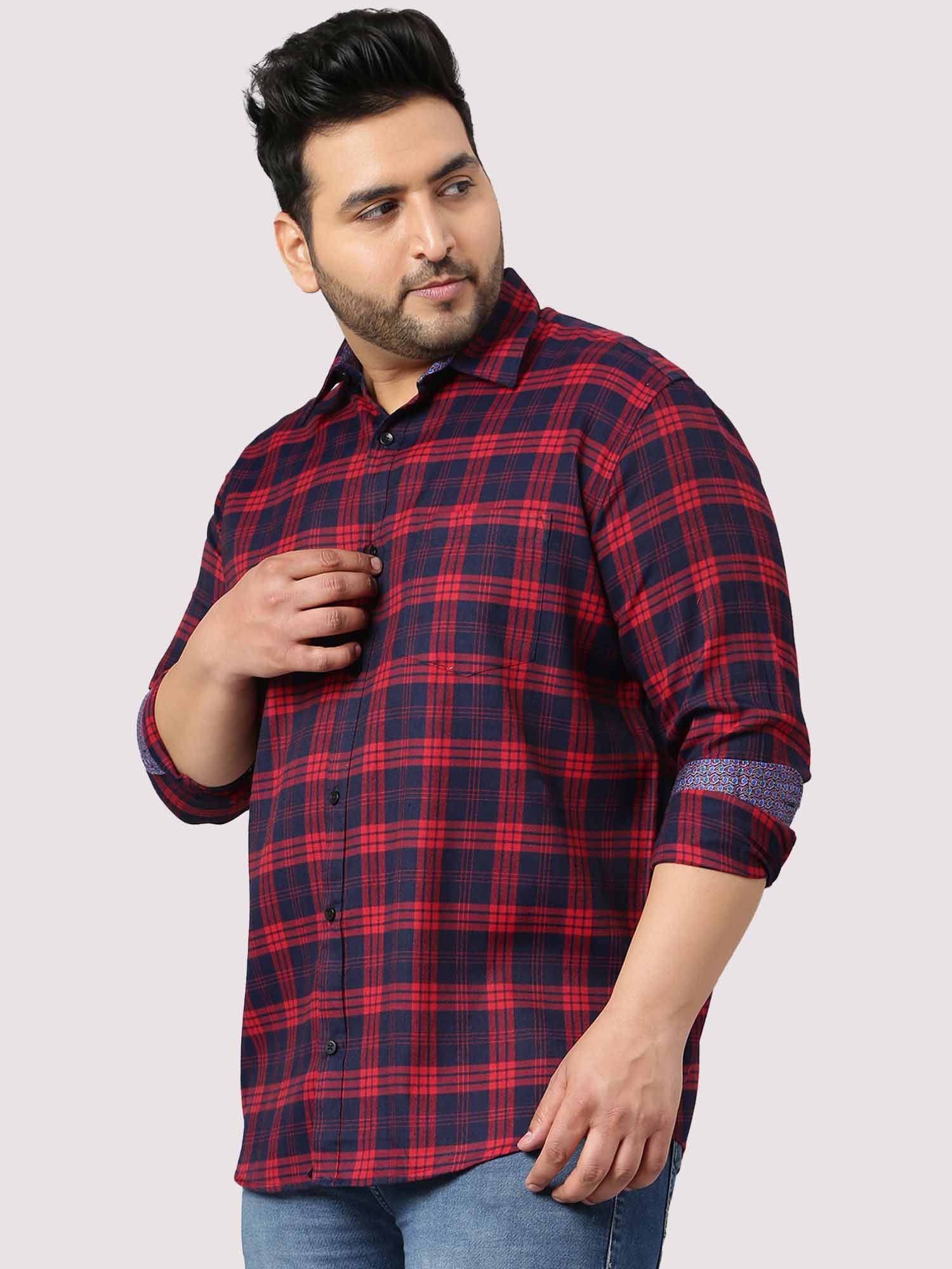 Red and Blue Indigo Cotton Check Shirt Men's Plus Size - Guniaa Fashions