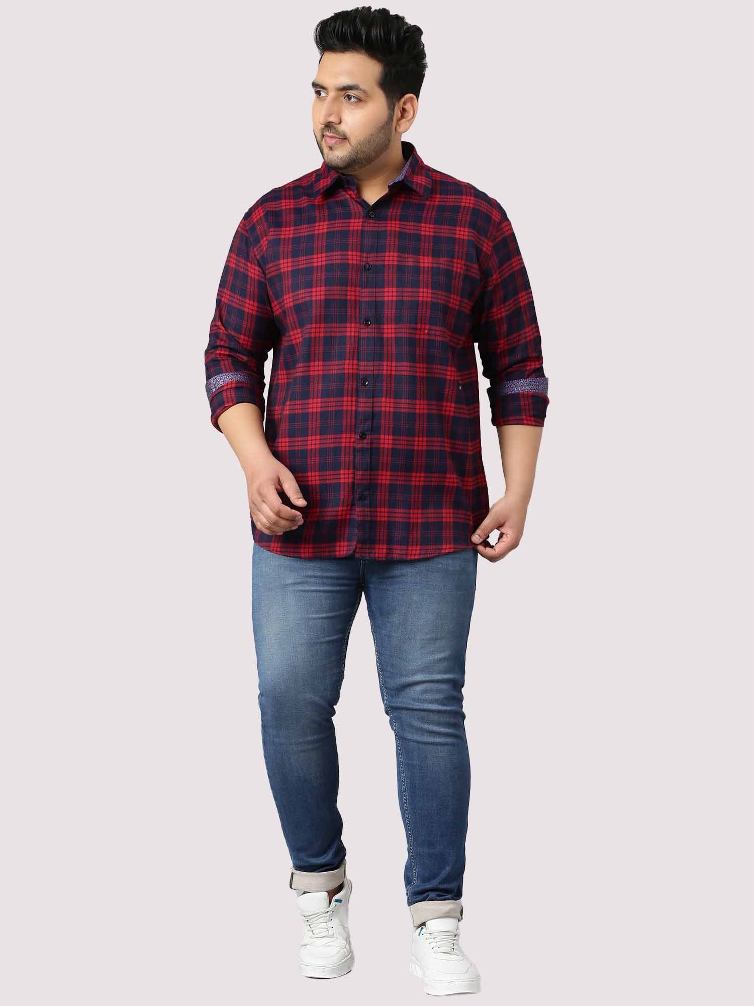 Red and Blue Indigo Cotton Check Shirt Men's Plus Size - Guniaa Fashions