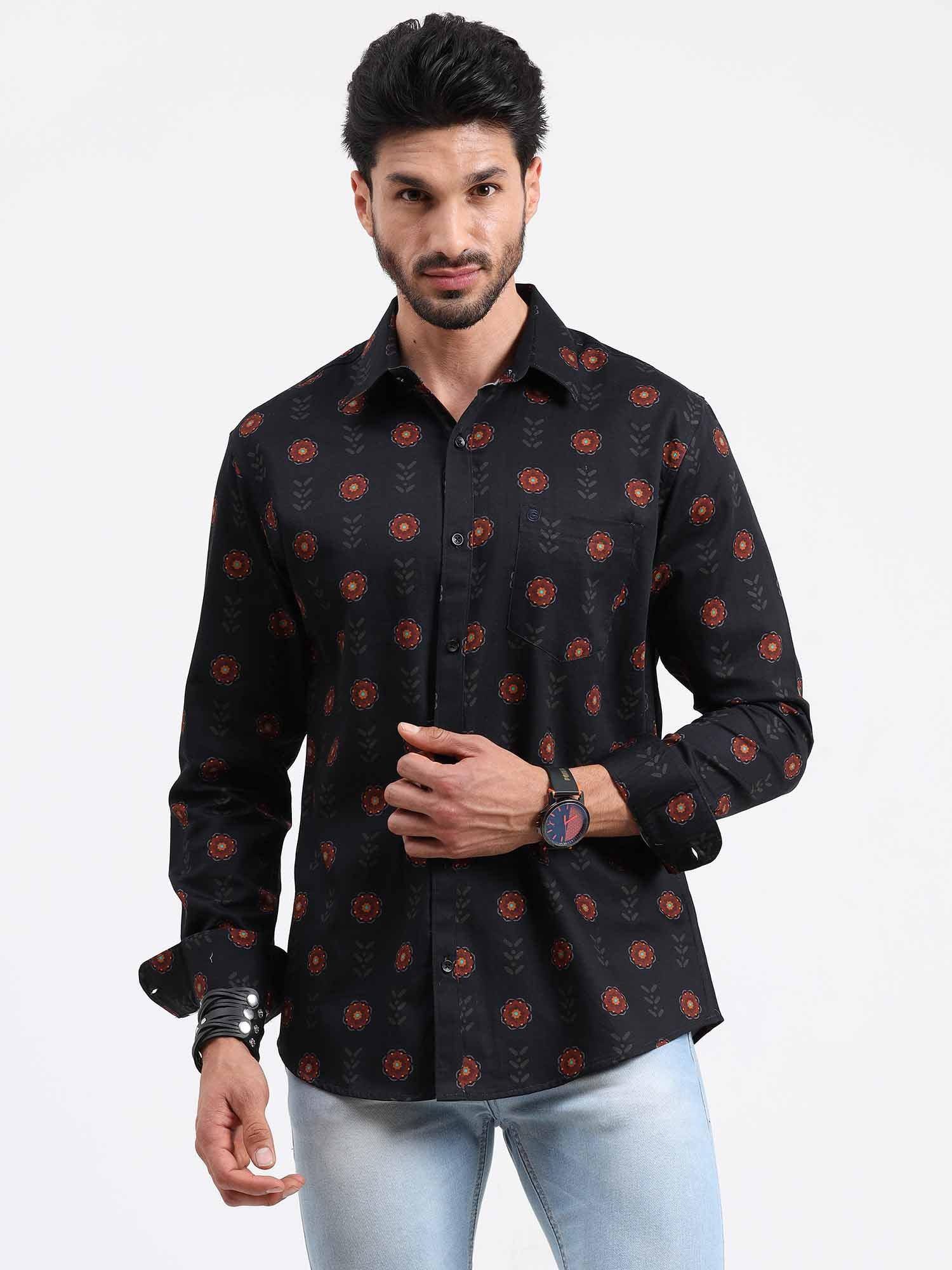 Red Black Flower Printed Full Sleeve Shirt - Guniaa Fashions