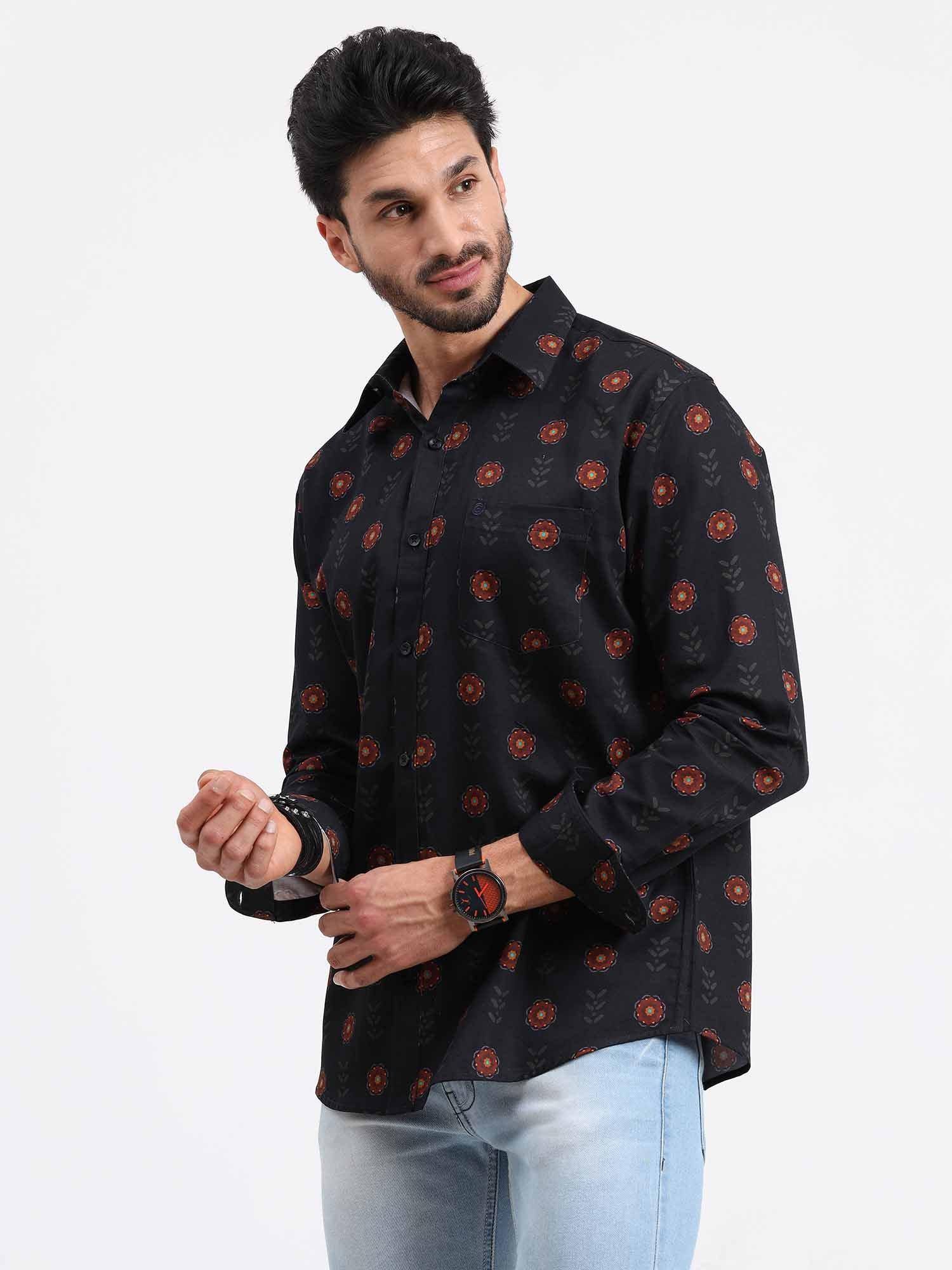 Red Black Flower Printed Full Sleeve Shirt - Guniaa Fashions