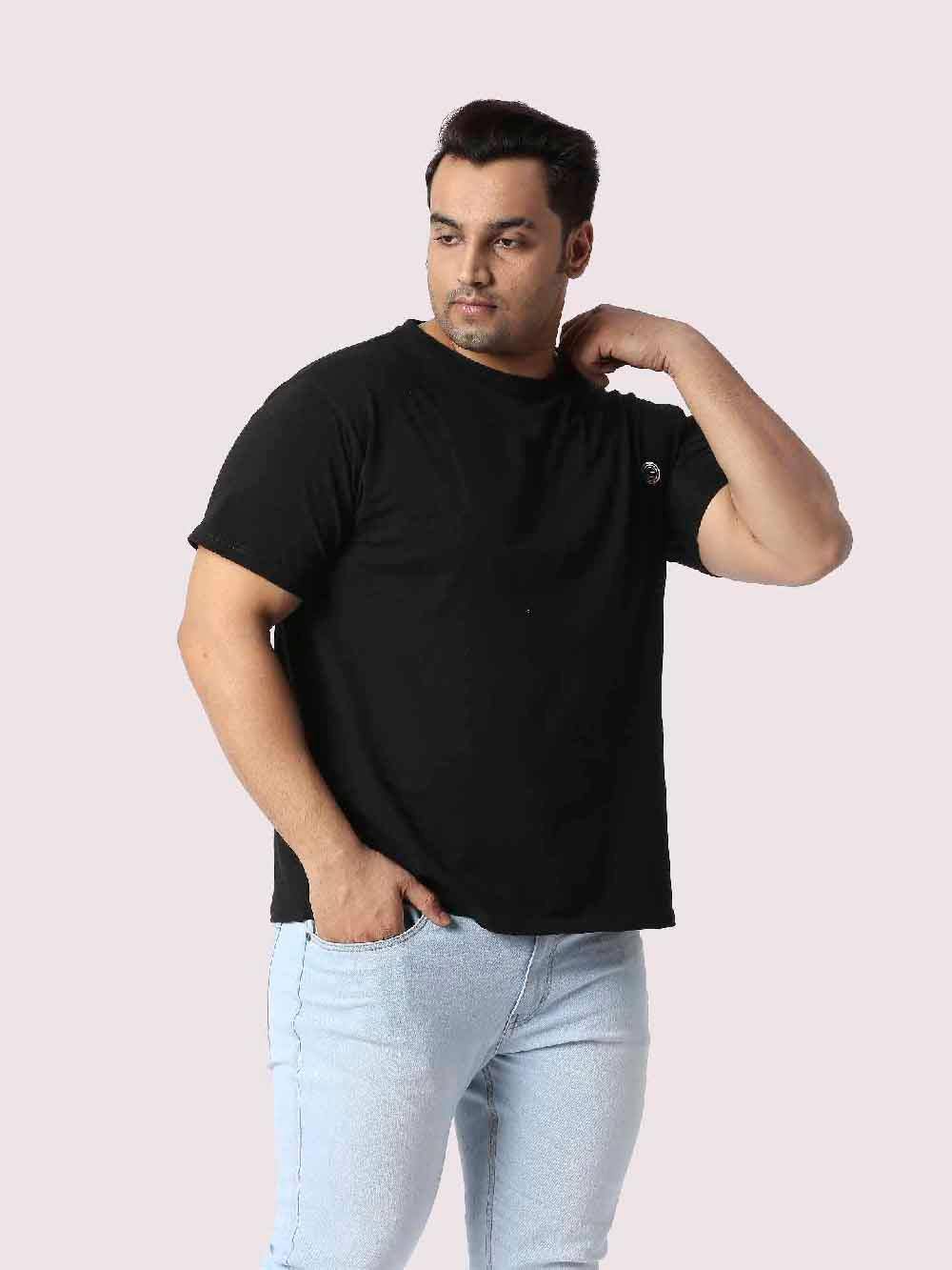 Rich Black Round Neck Cotton lycra T Shirt Plus Size - Guniaa Fashions