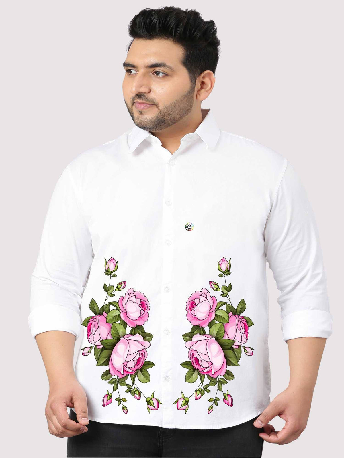 Rose Flower Printed White Shirt Men's Plus Size - Guniaa Fashions