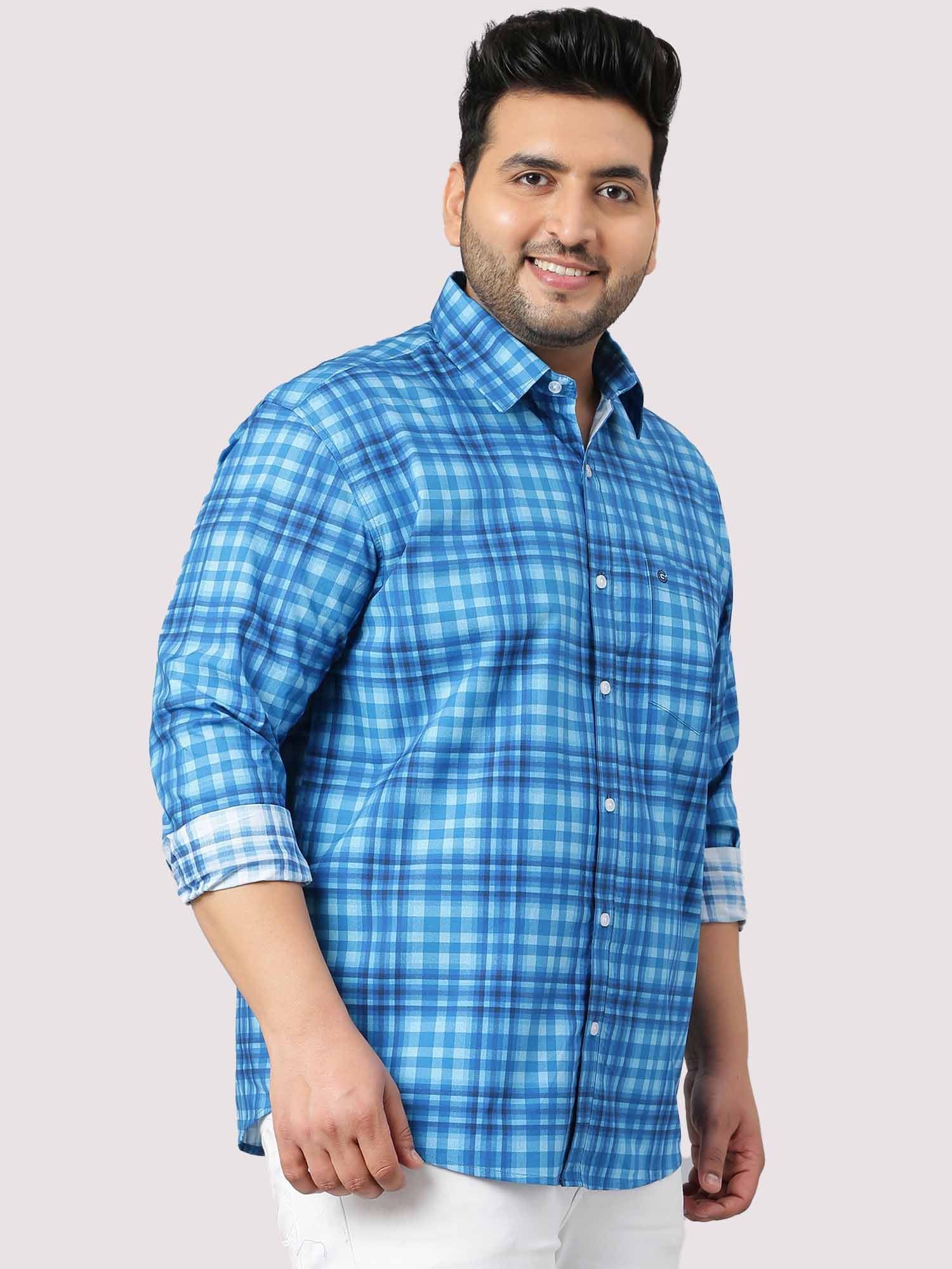 Sky Blue Large Check Shirt Men's Plus Size - Guniaa Fashions
