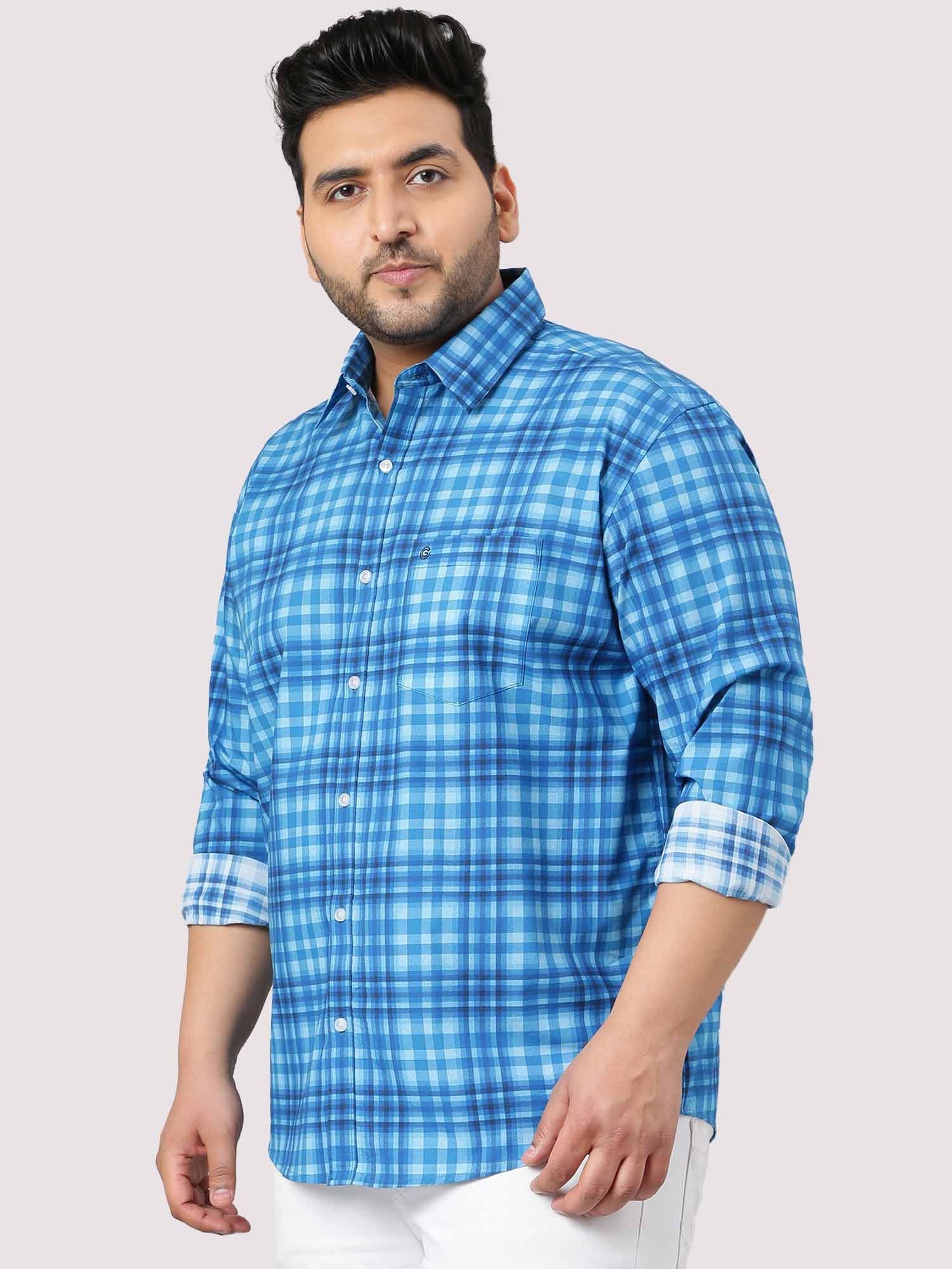 Sky Blue Large Check Shirt Men's Plus Size - Guniaa Fashions