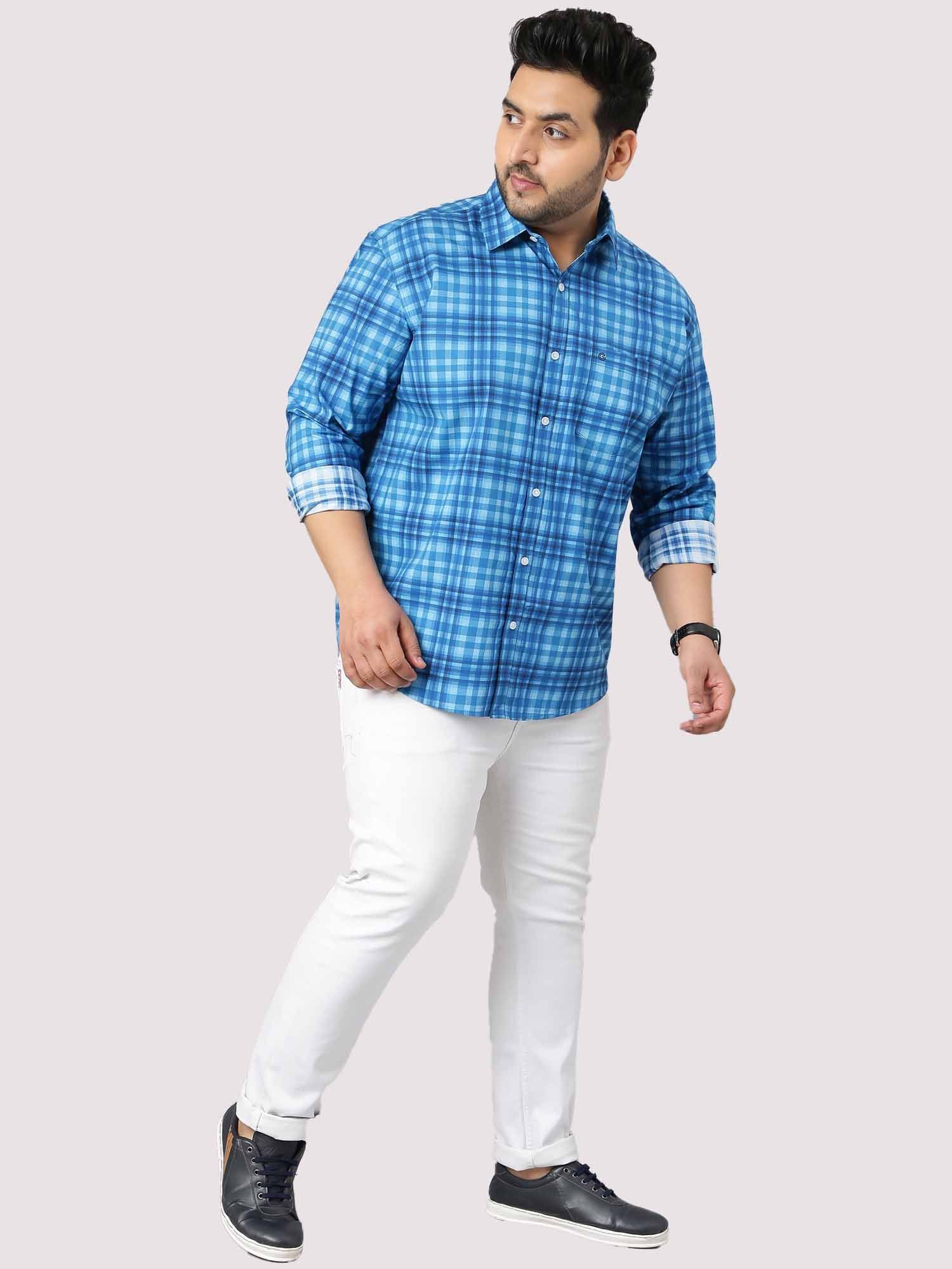 Sky Blue Large Check Shirt Men's Plus Size - Guniaa Fashions